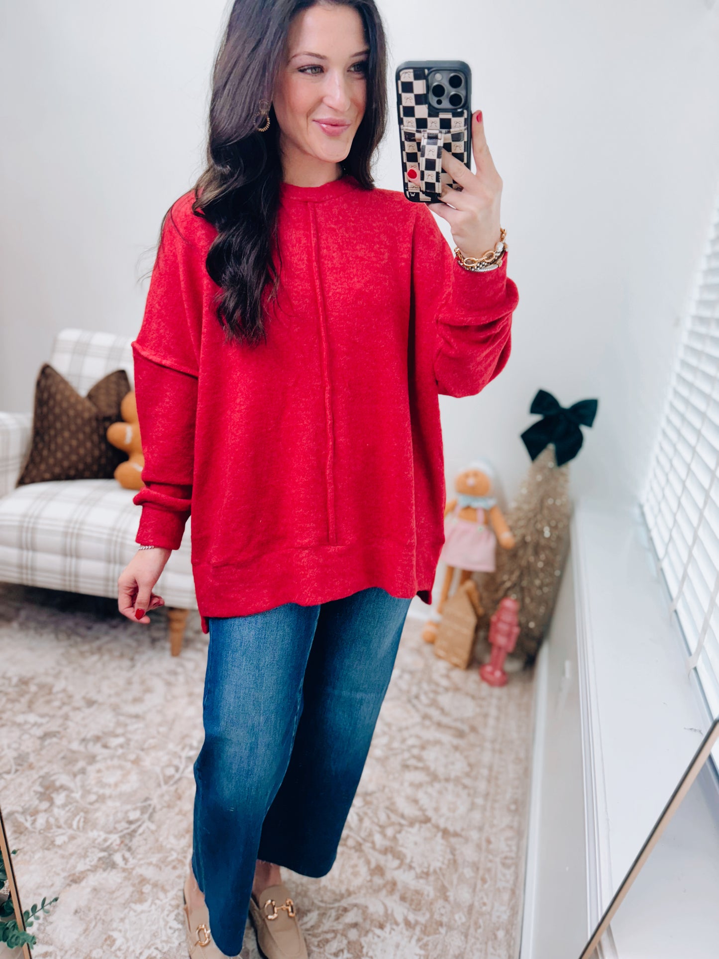 Oversized Front Seam Brushed Sweater - Red