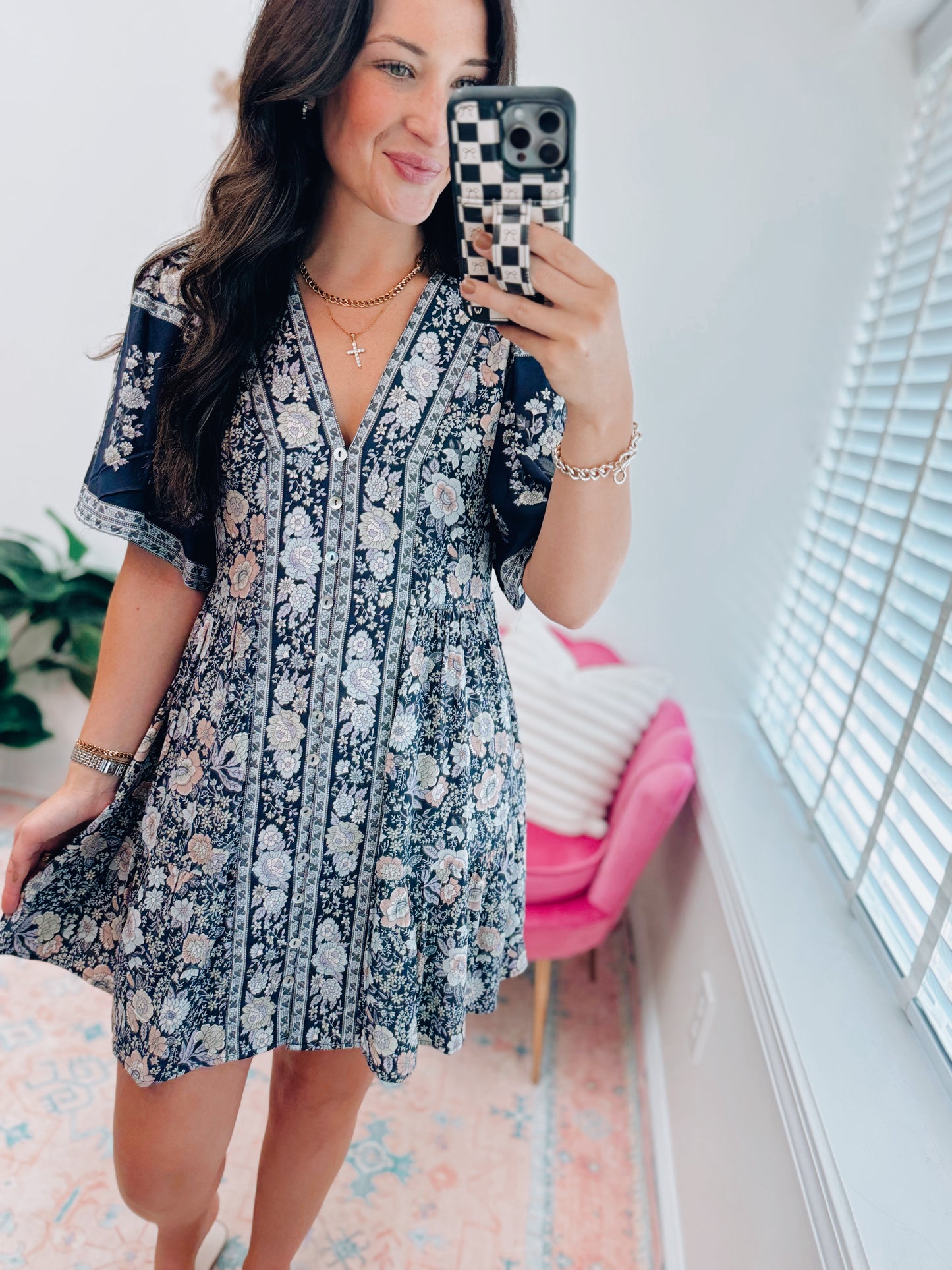 Shirring Printed Woven Mini Dress - Navy