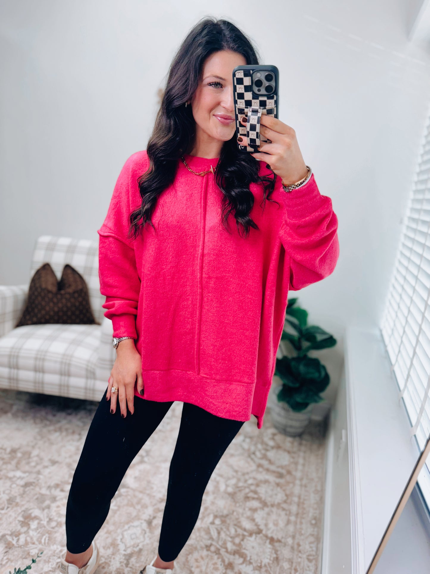 CURVY | DOORBUSTER Oversized Front Seam Brushed Sweater - Pink