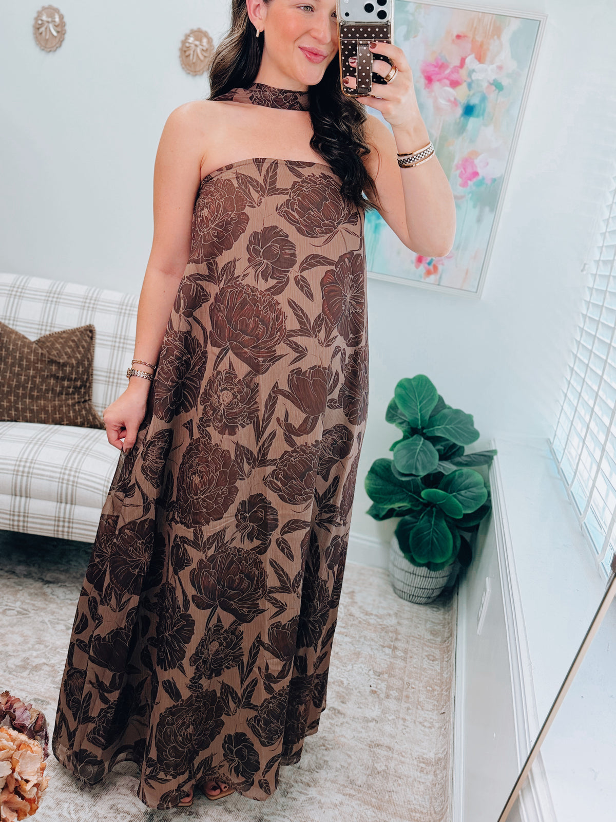 Brown Floral Print Scarf Maxi Dress
