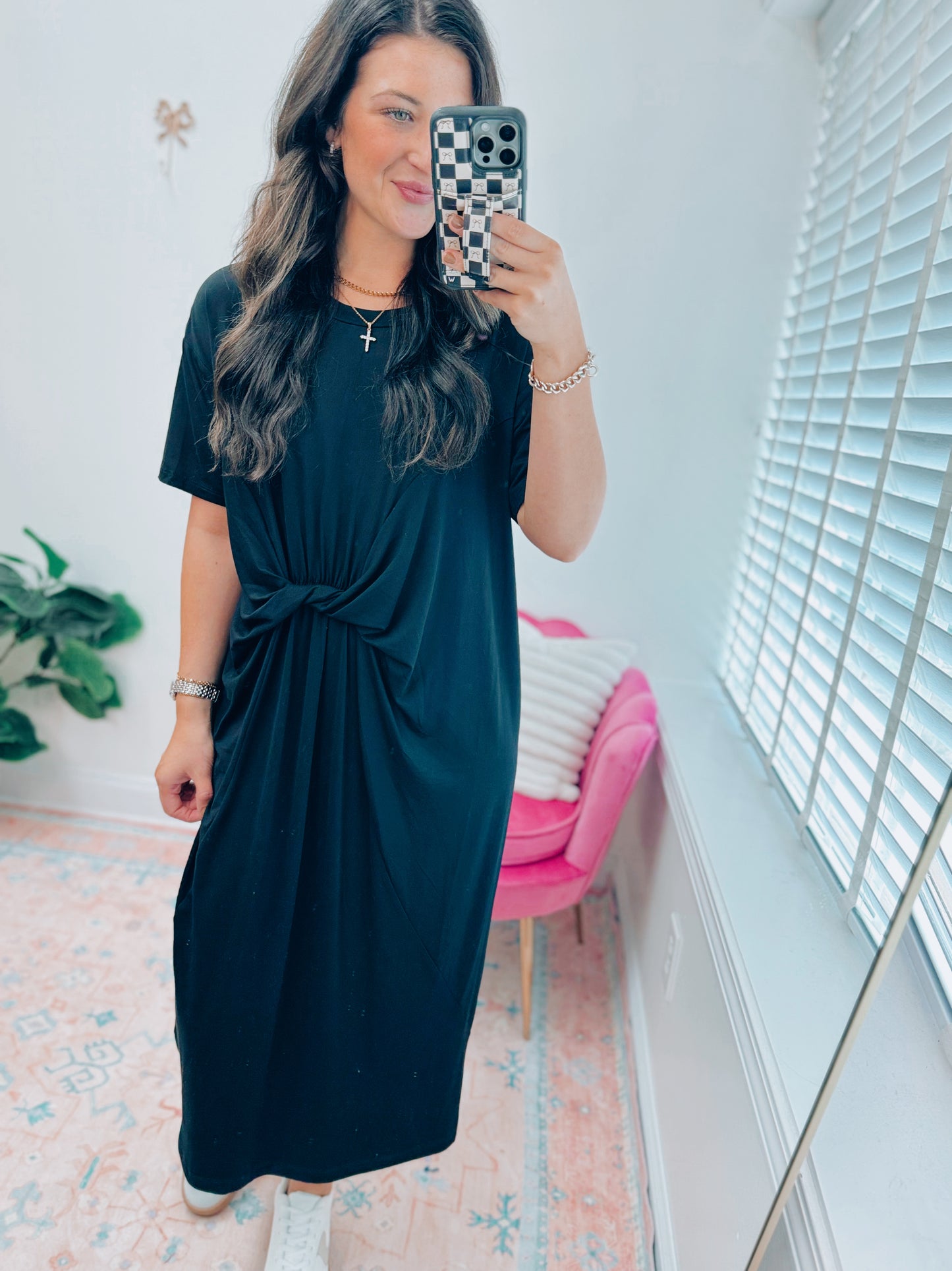 Black Waist Tie Buttery Midi Dress