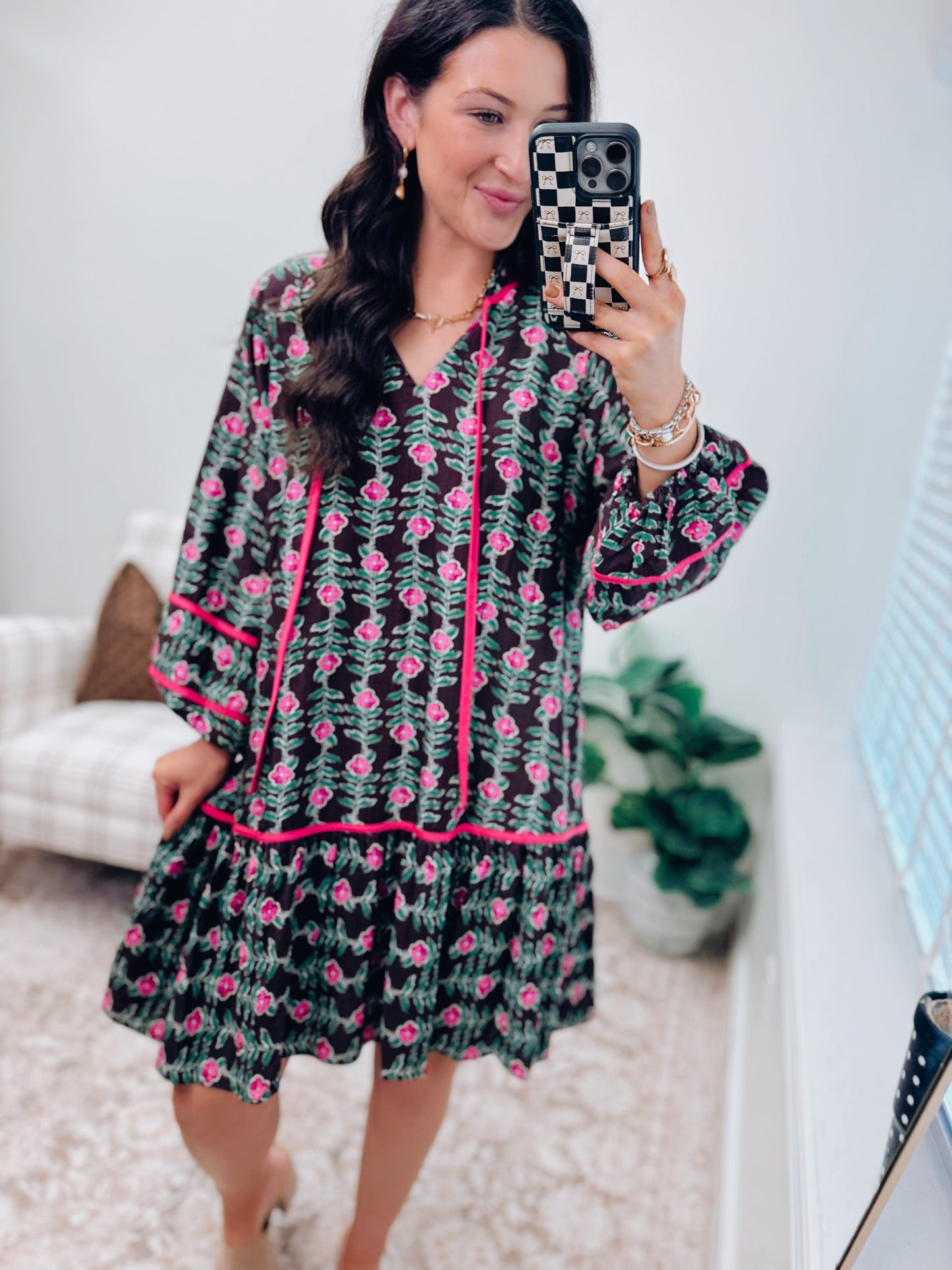 Pink Floral Tiered Mini Dress