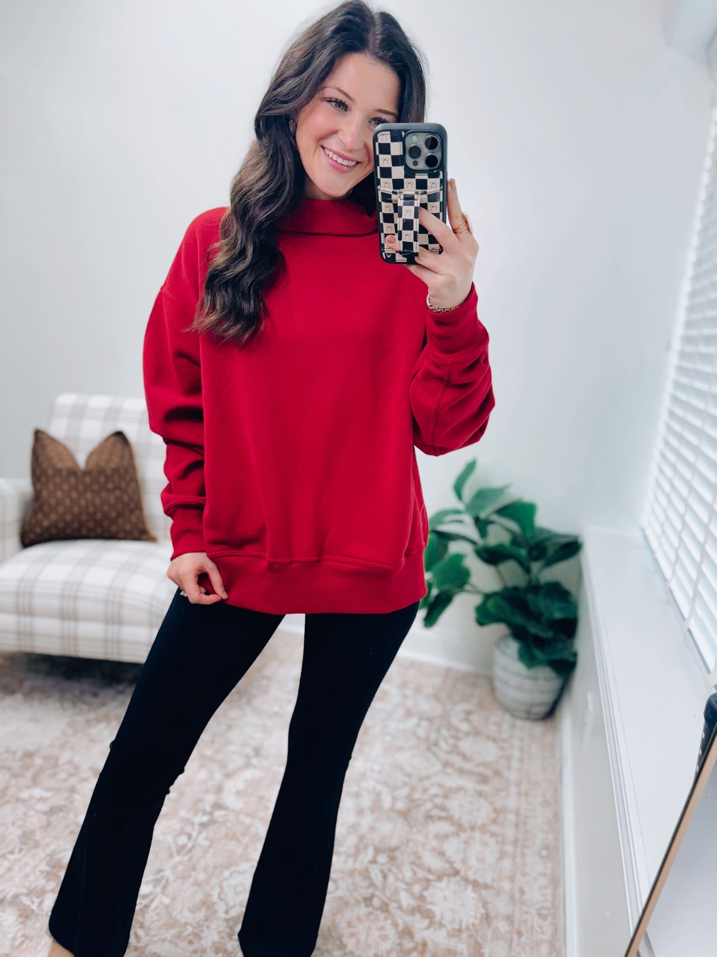 CozyCore Cotton Blend Mock Neck Pullover - Red