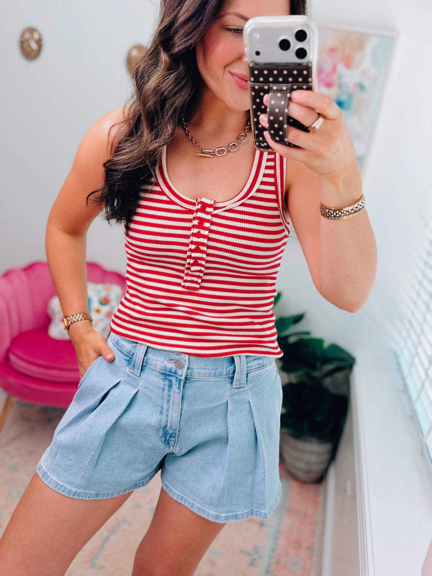 Red & Cream Striped Button Knit Tank