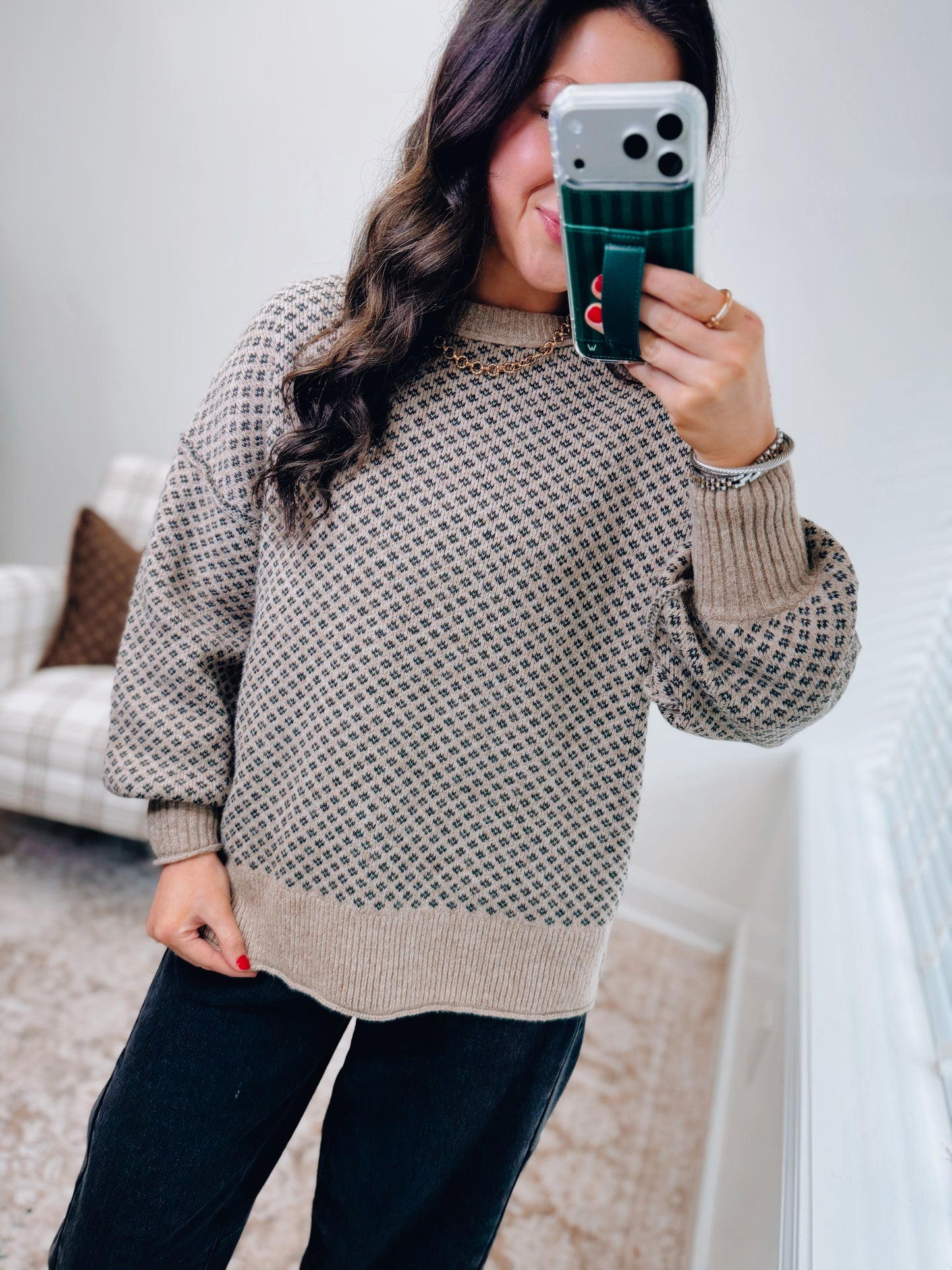 Mini Jacquard Taupe Knit Sweater