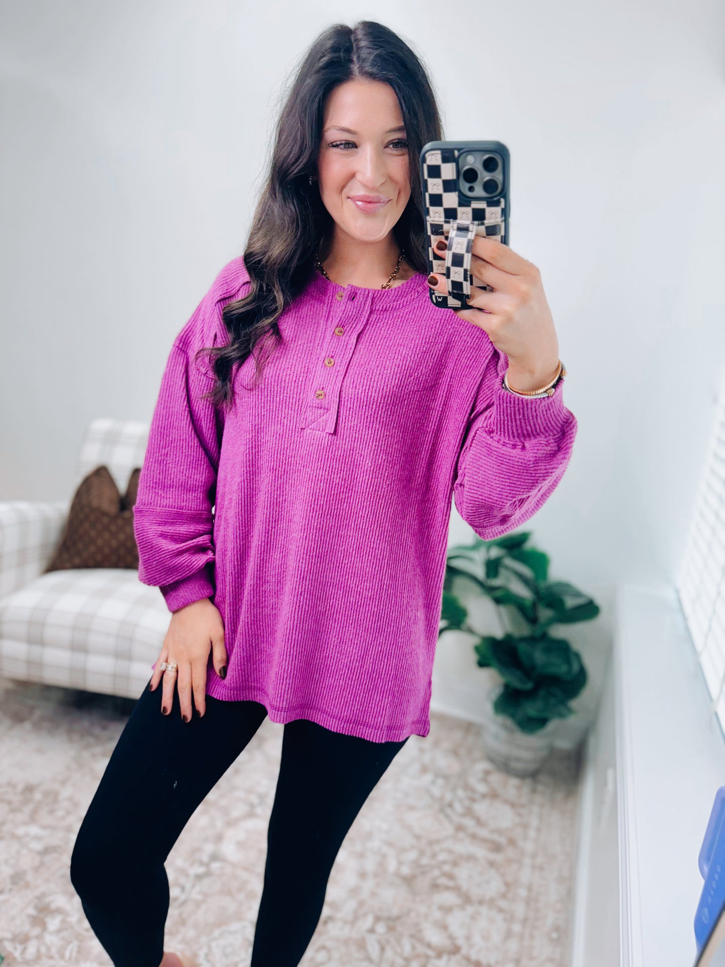 CURVY | DOORBUSTER Button Brushed Ribbed Sweater - Plum