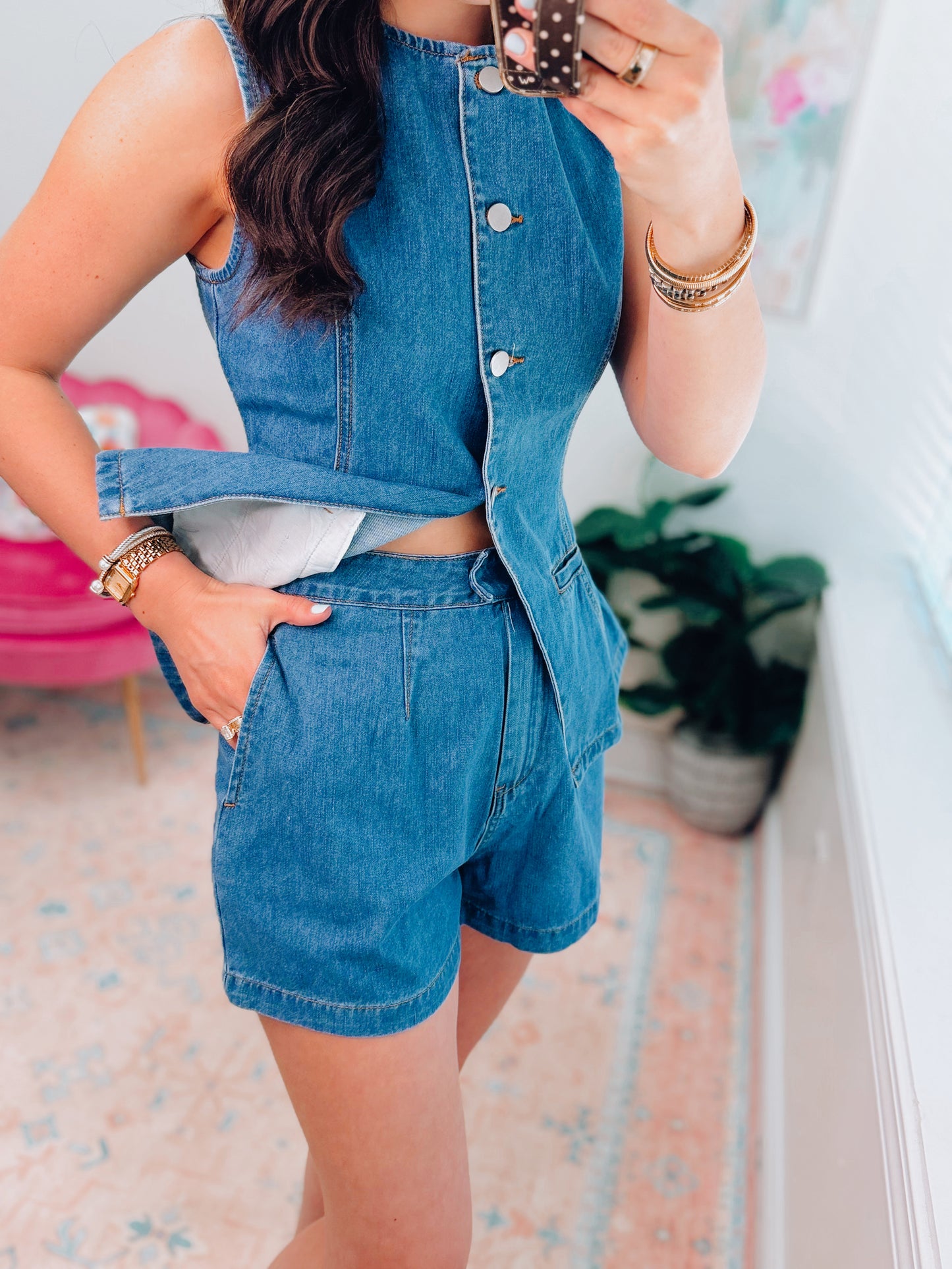 Keagan Pleated Denim Shorts Set