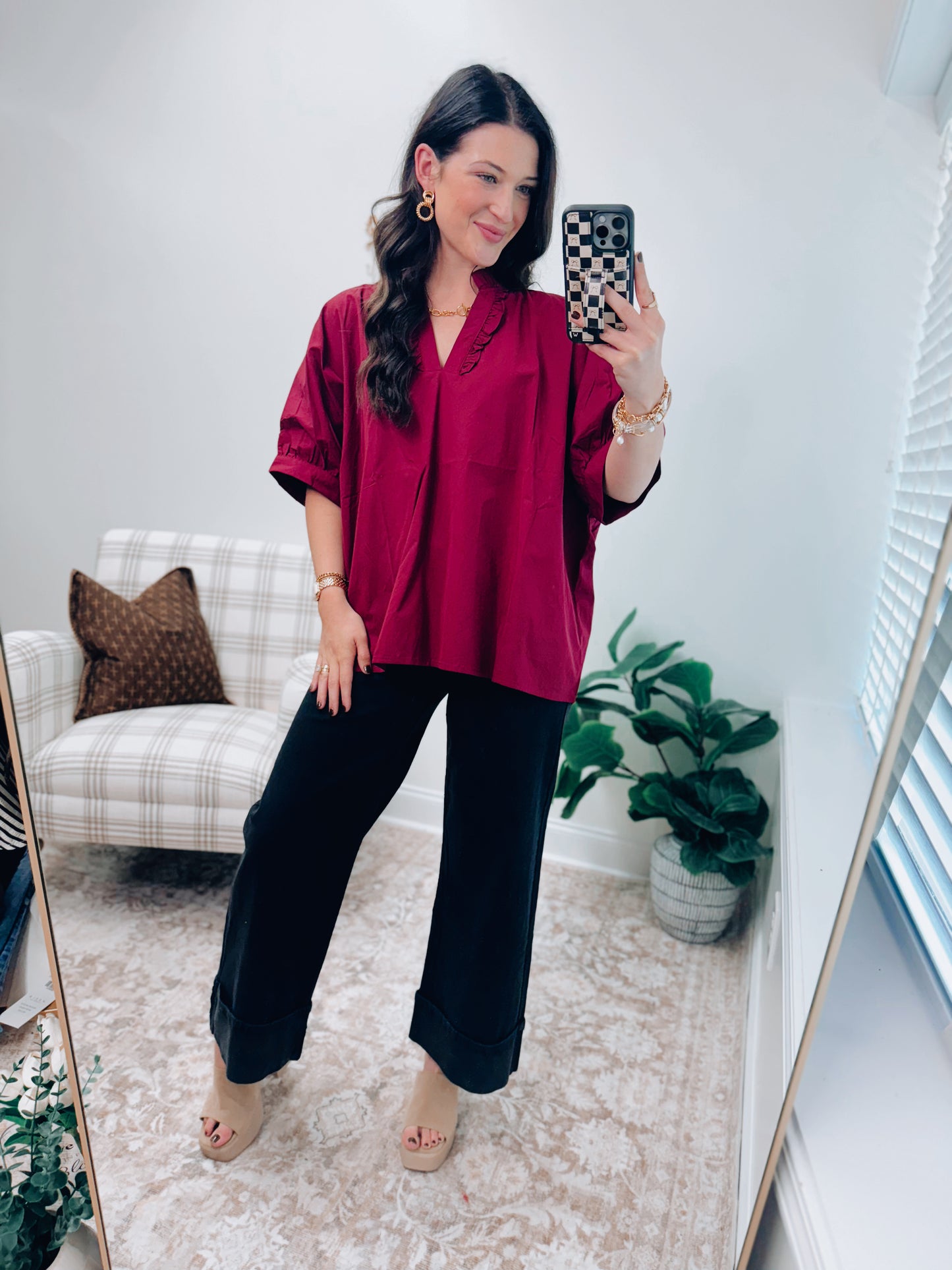 Maroon Dolman Ruffle Top