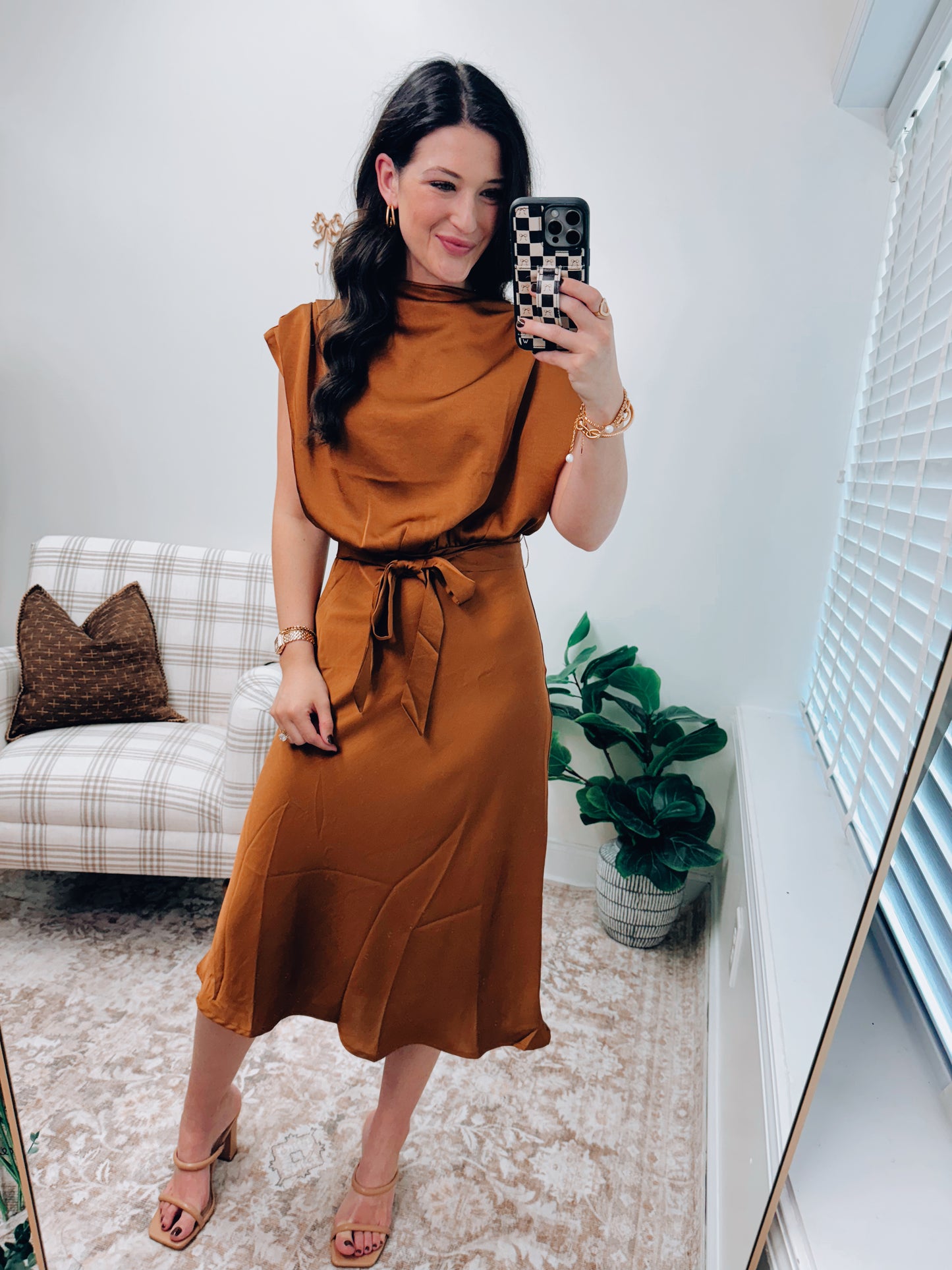 Maven Satin Cowl Neck Midi Dress - Camel