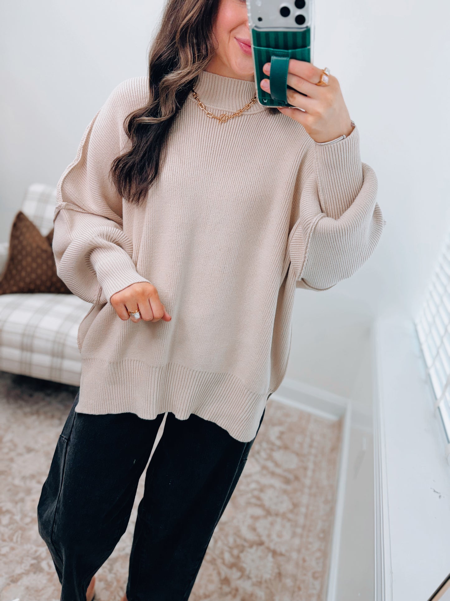 CURVY Millie Ribbed Oversized Sweater Top - Sand Beige