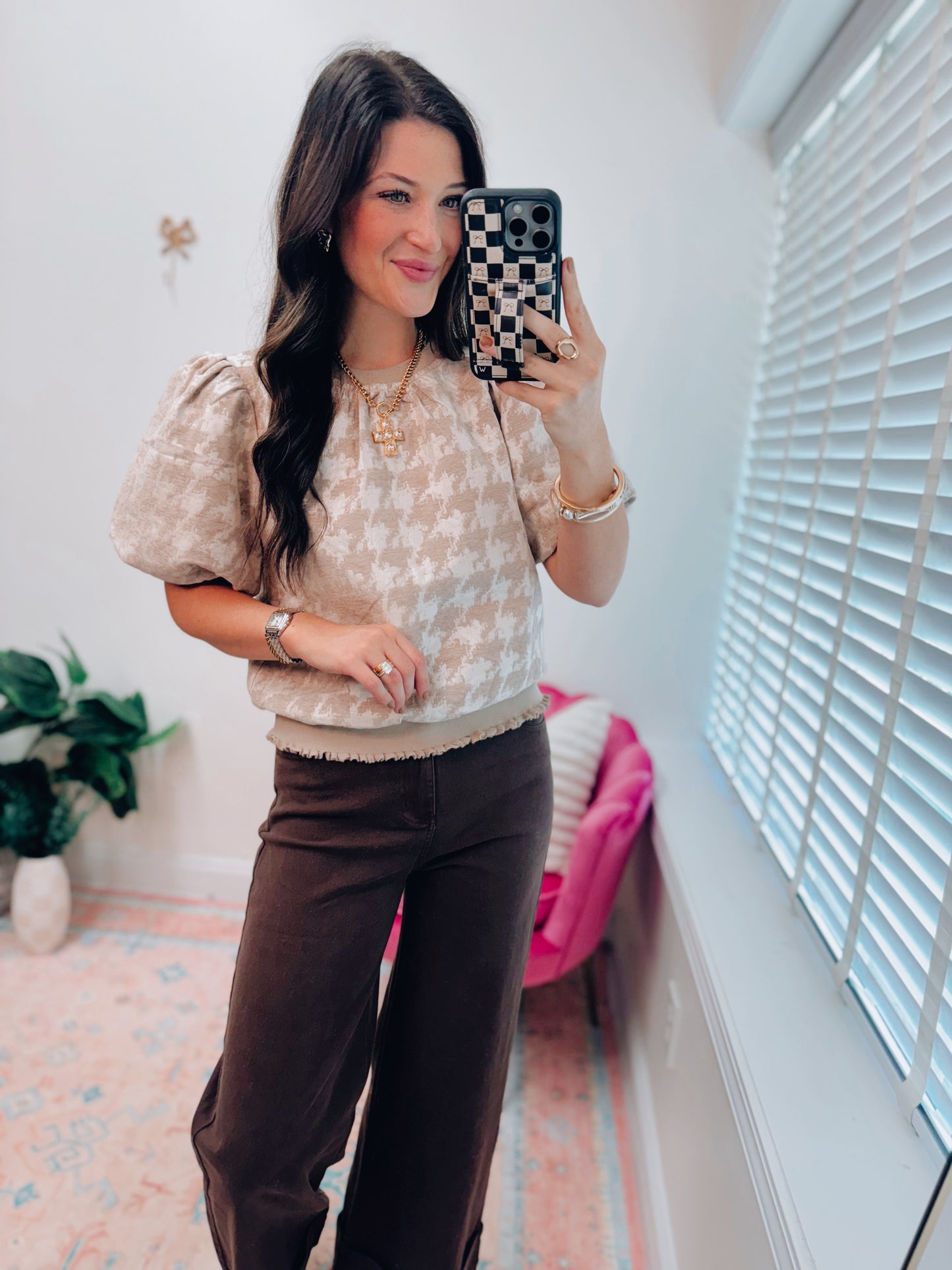 Houndstooth Velvet Puff Top
