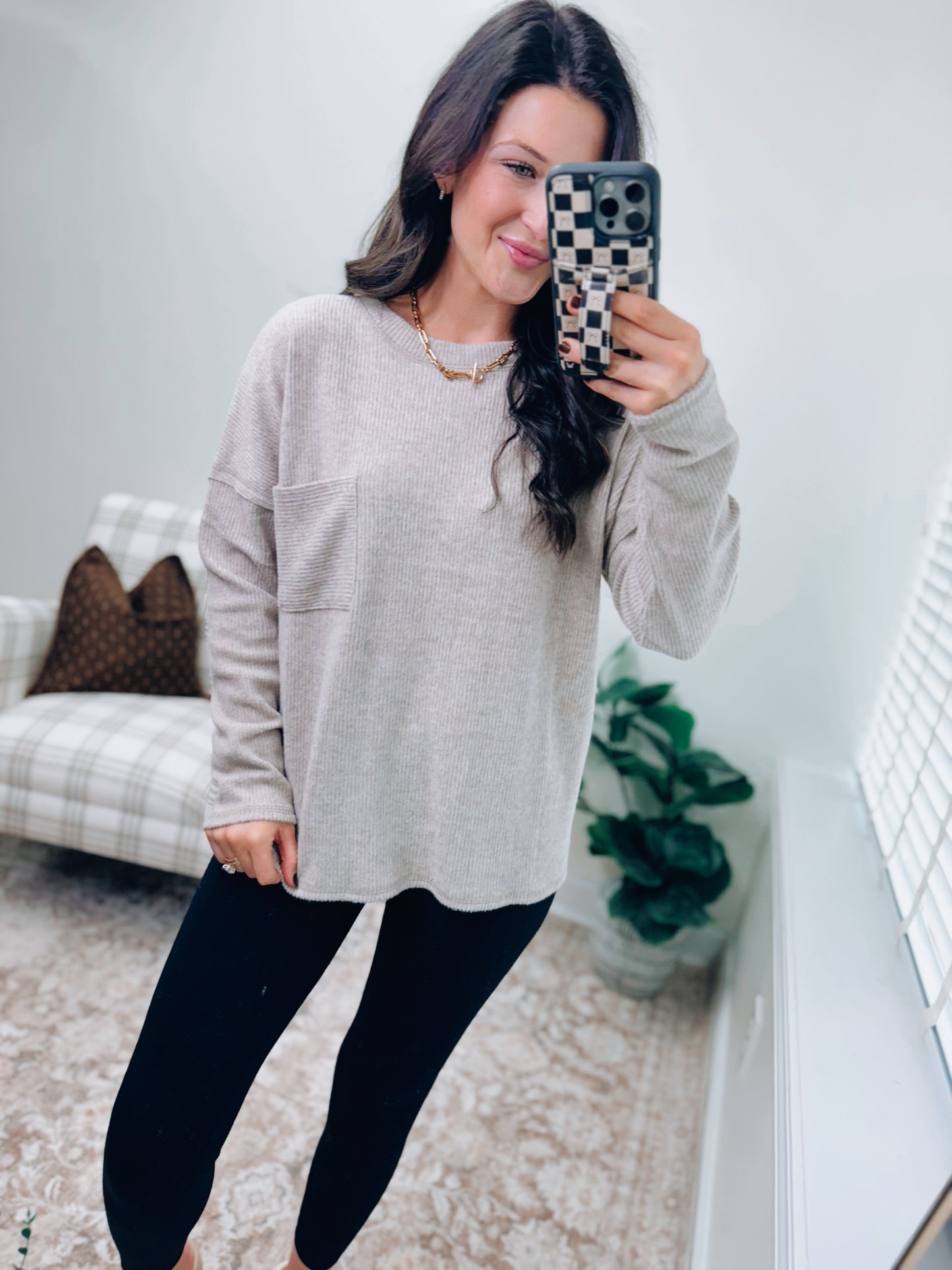 DOORBUSTER Pocket Brushed Ribbed Top - Heather Mocha