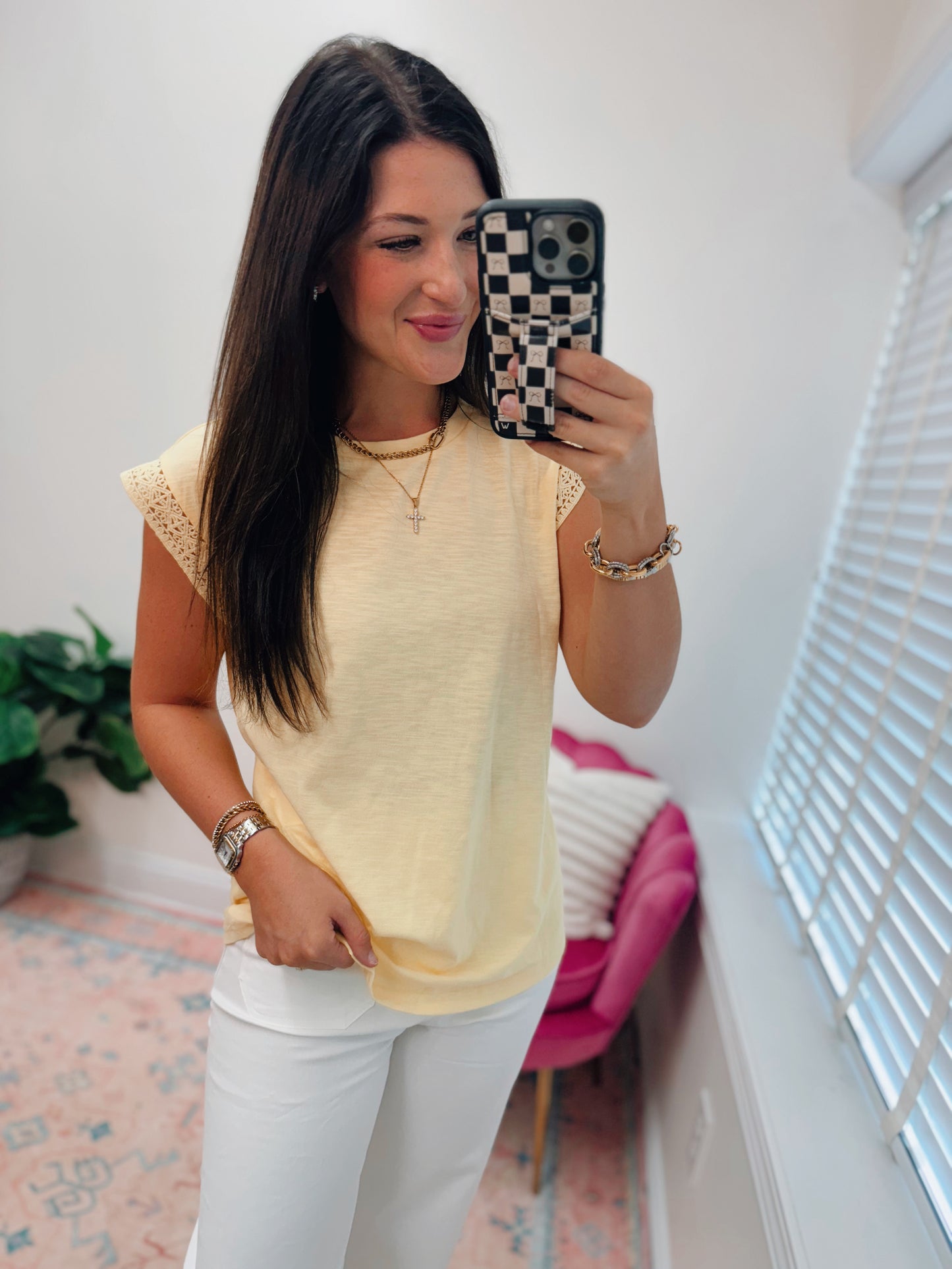 Creamy Yellow Eyelet Cuff Top