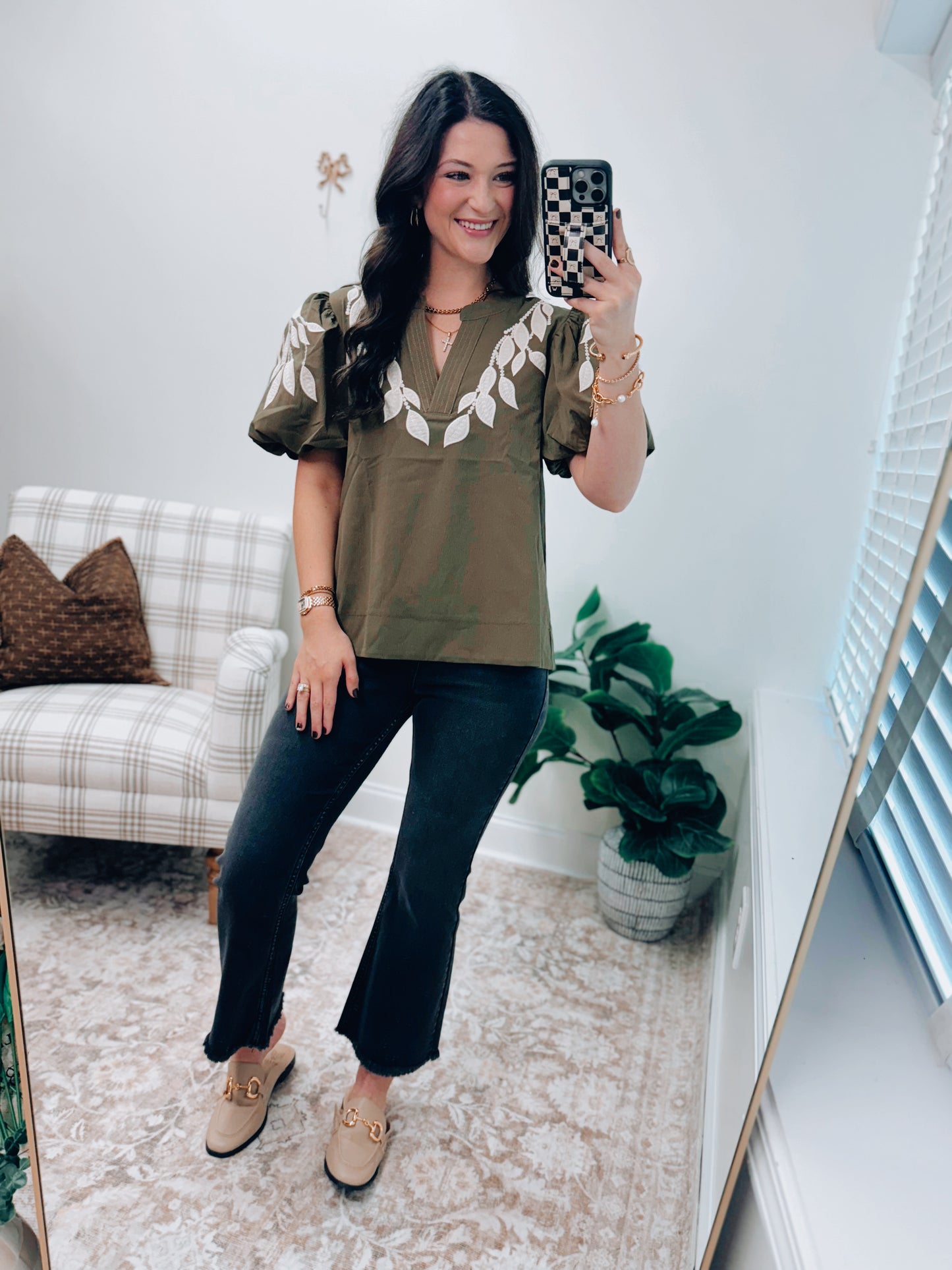 Jett Olive Embroidered Puff Sleeve Top