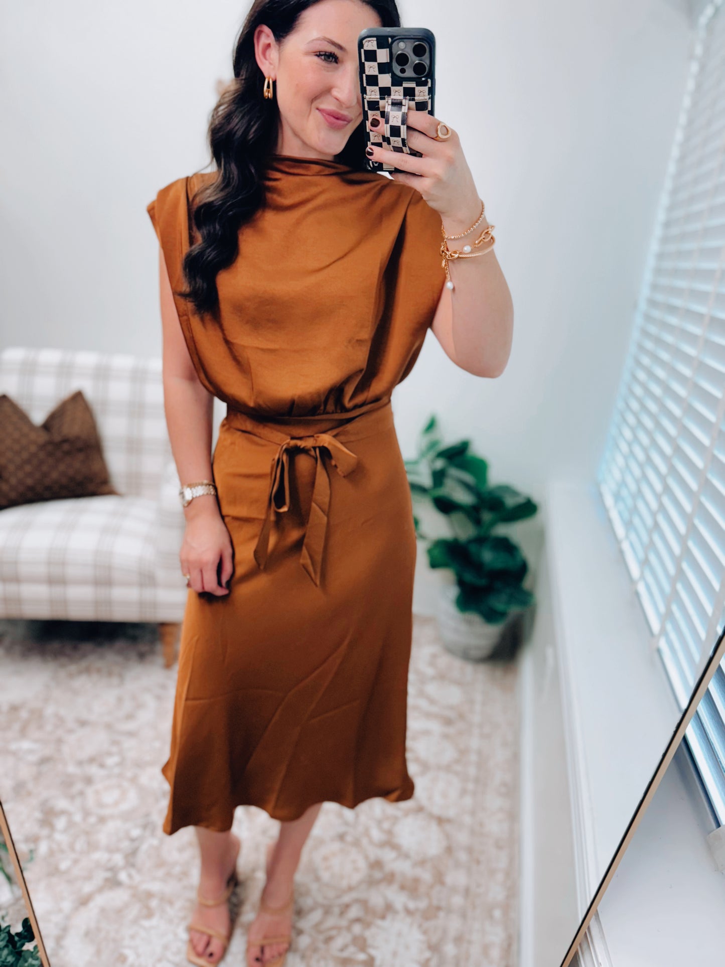 Maven Satin Cowl Neck Midi Dress - Camel