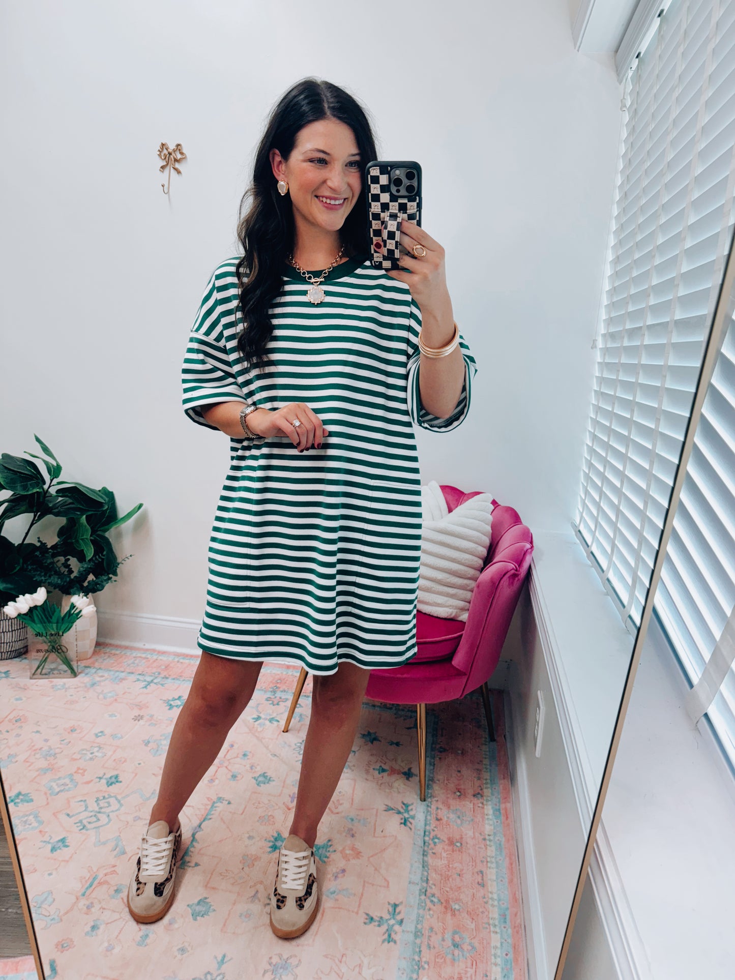Stripe Knit Pullover Tee Dress - Green