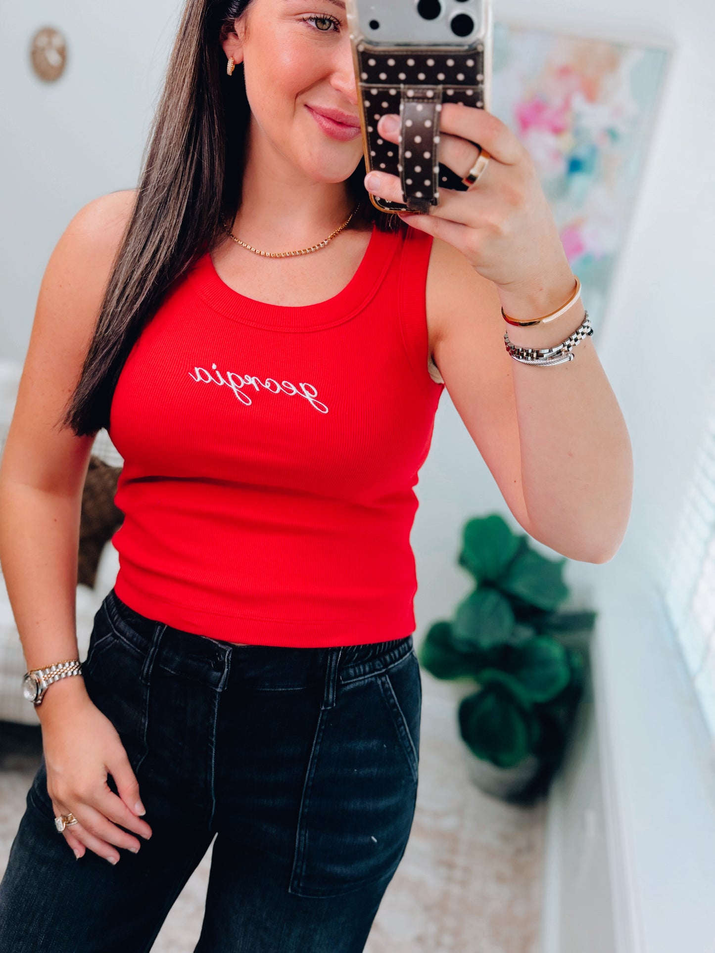 Georgia Embroidered Ribbed Tank Top - Red