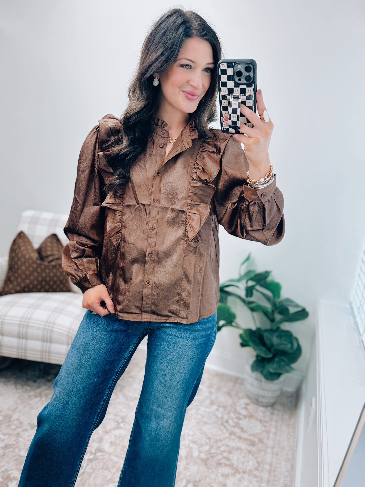 Hazelwood Shine Ruffle Button Top