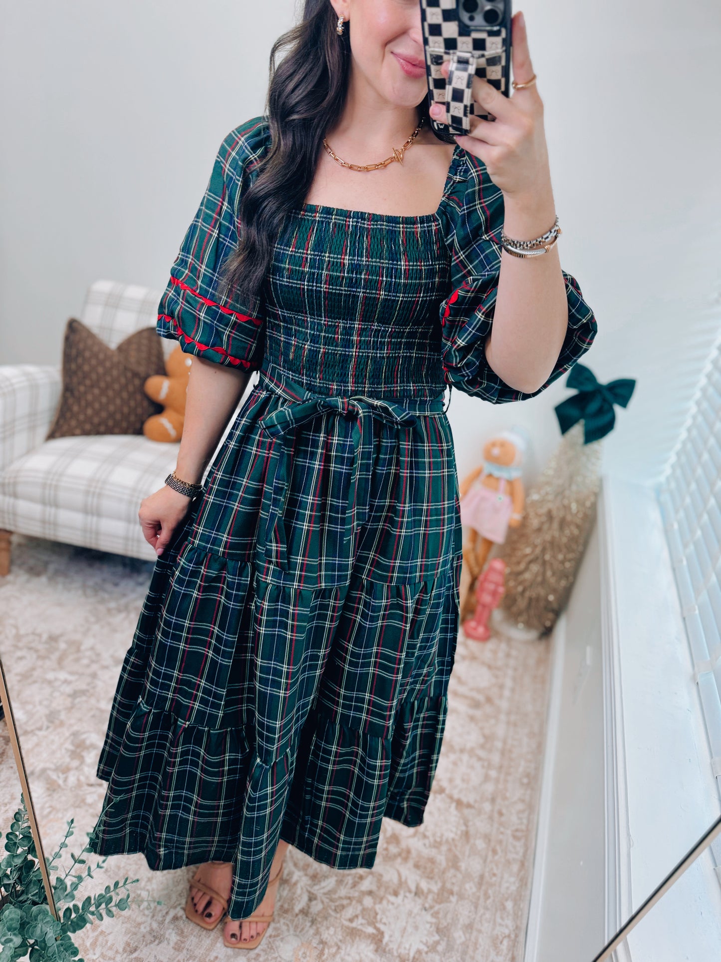 CURVY Smocked Plaid Tie Midi Dress - Green