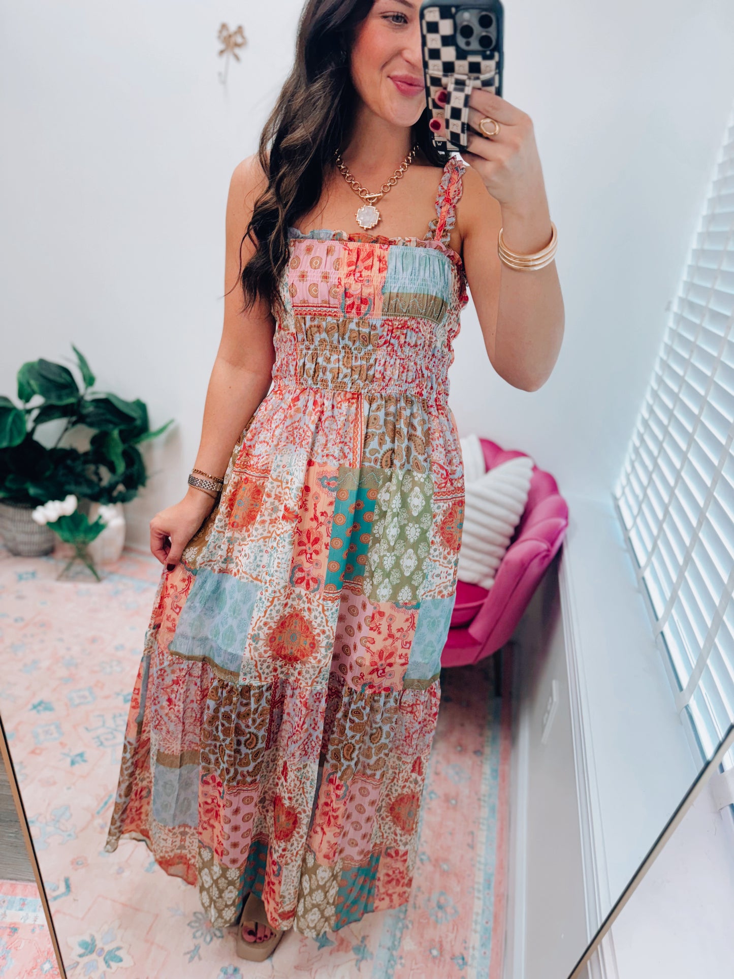 CURVY Fall Patchwork Smocked Maxi Dress