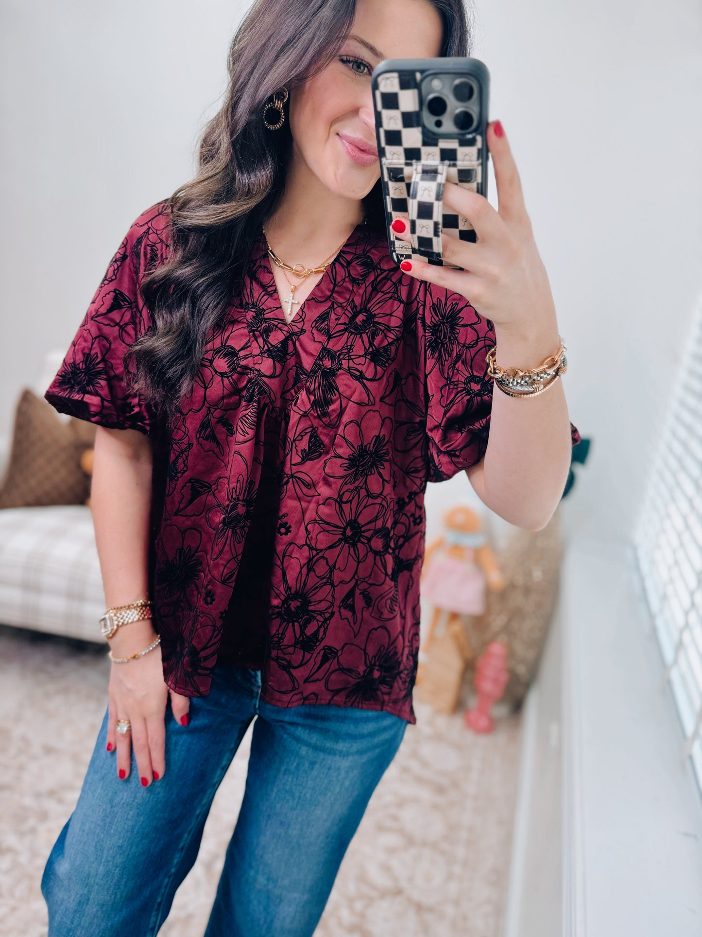 Burgundy V-Neck Stitch Placket Top