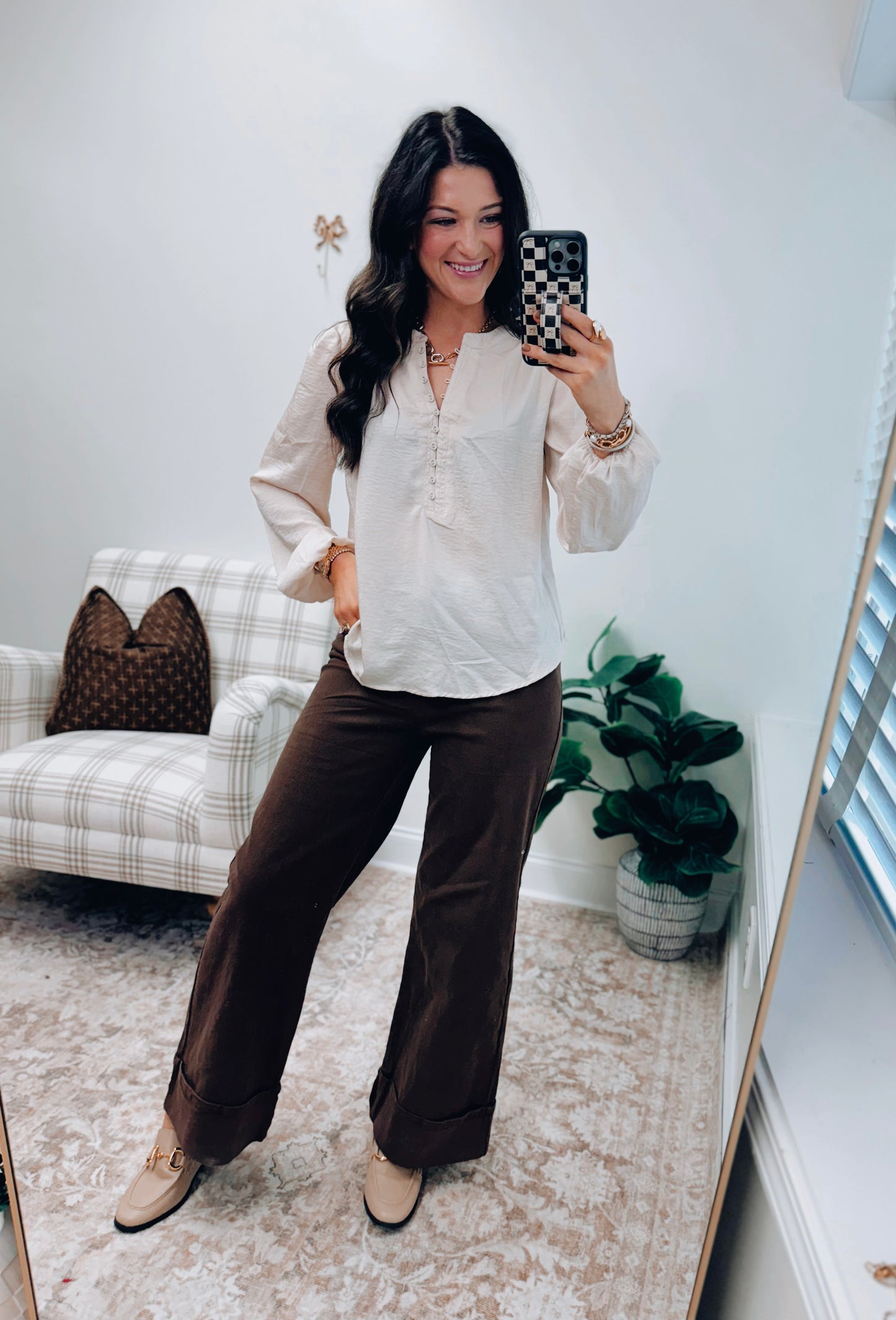 Champagne Satin Button Top