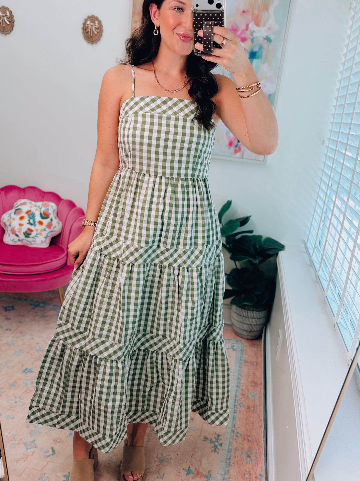 Olive Gingham Tiered Midi Dress