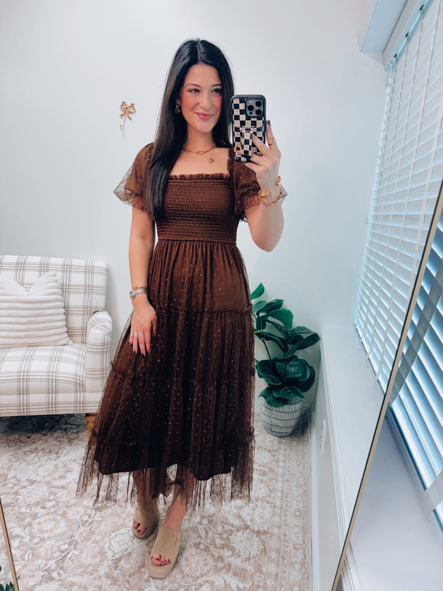 Chestnut Frill Dotted Midi Dress