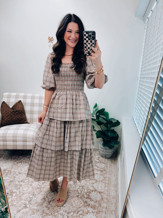 Crinkled Plaid Smocked Midi Dress