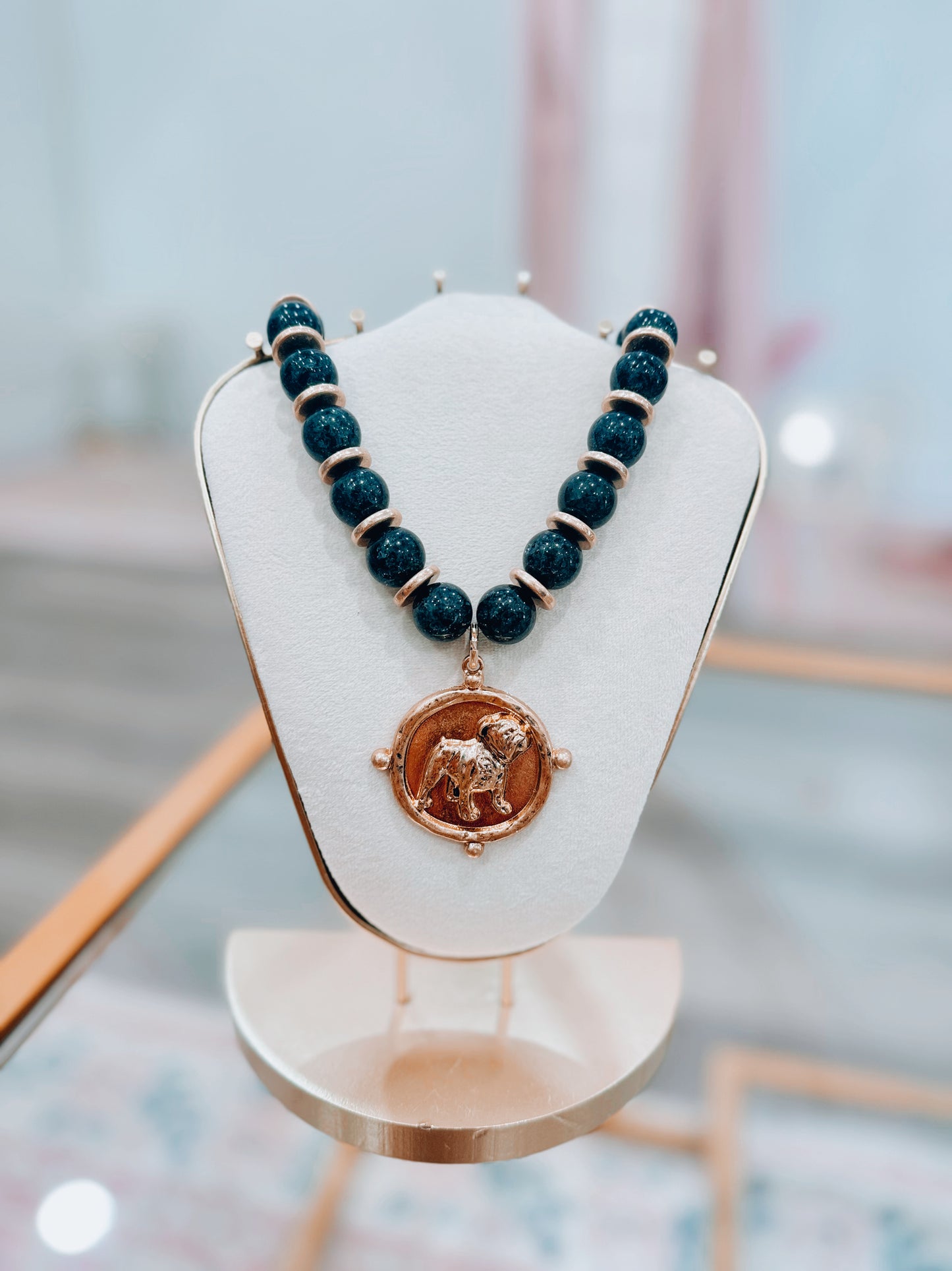 Chunky Chain Bulldog Coin Necklace - Black