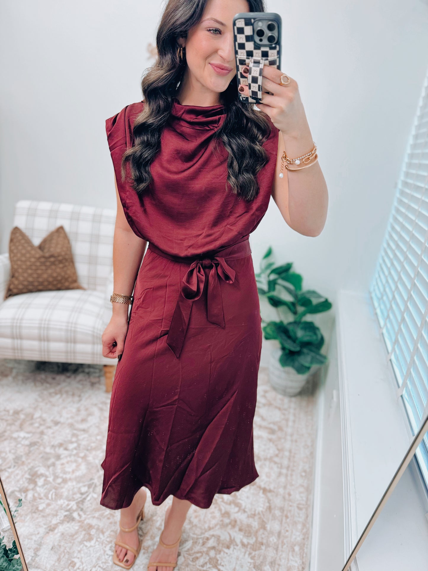 Maven Satin Cowl Neck Midi Dress - Burgundy