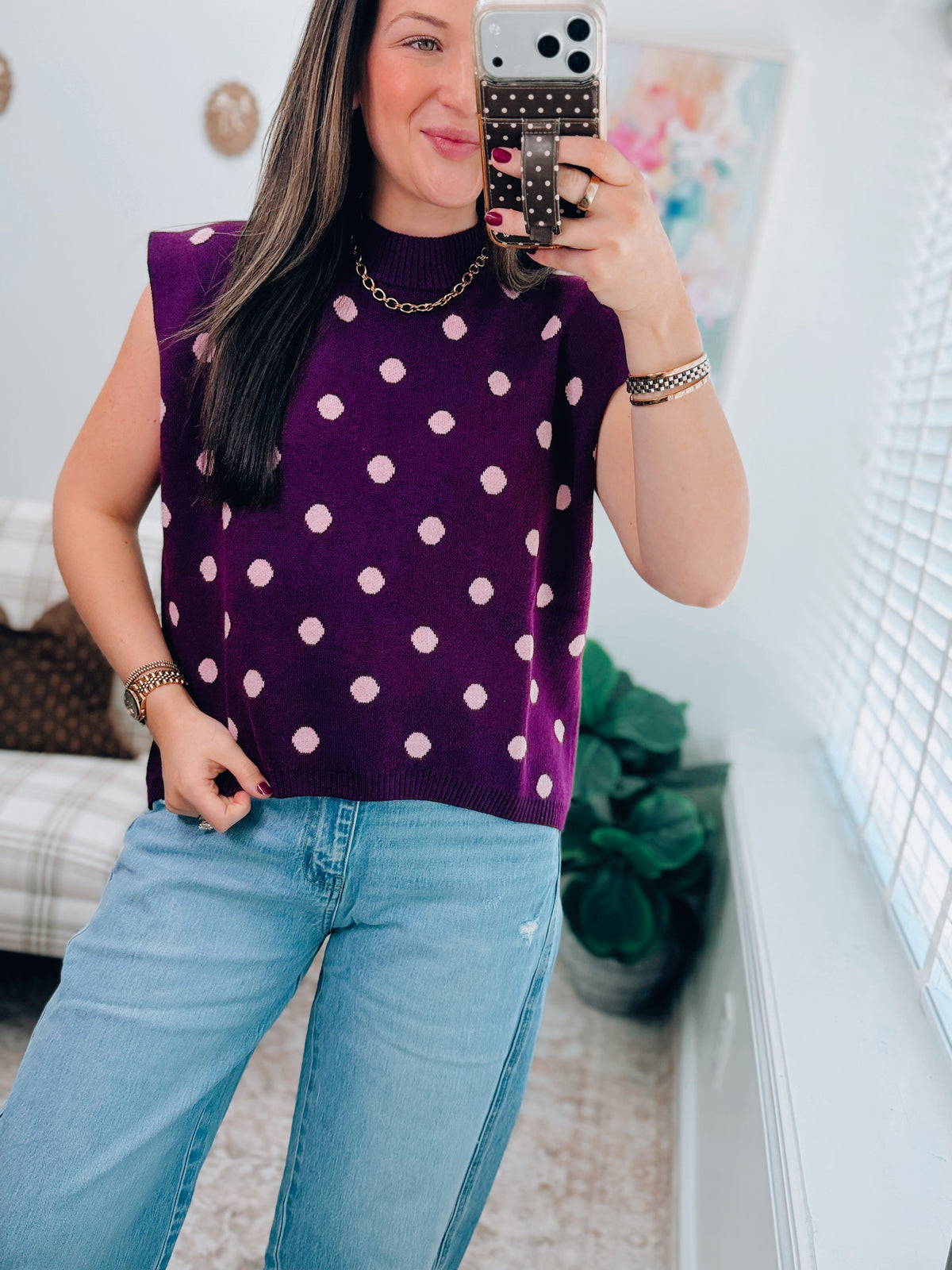 Plum Polka Dot Mock Sweater Top
