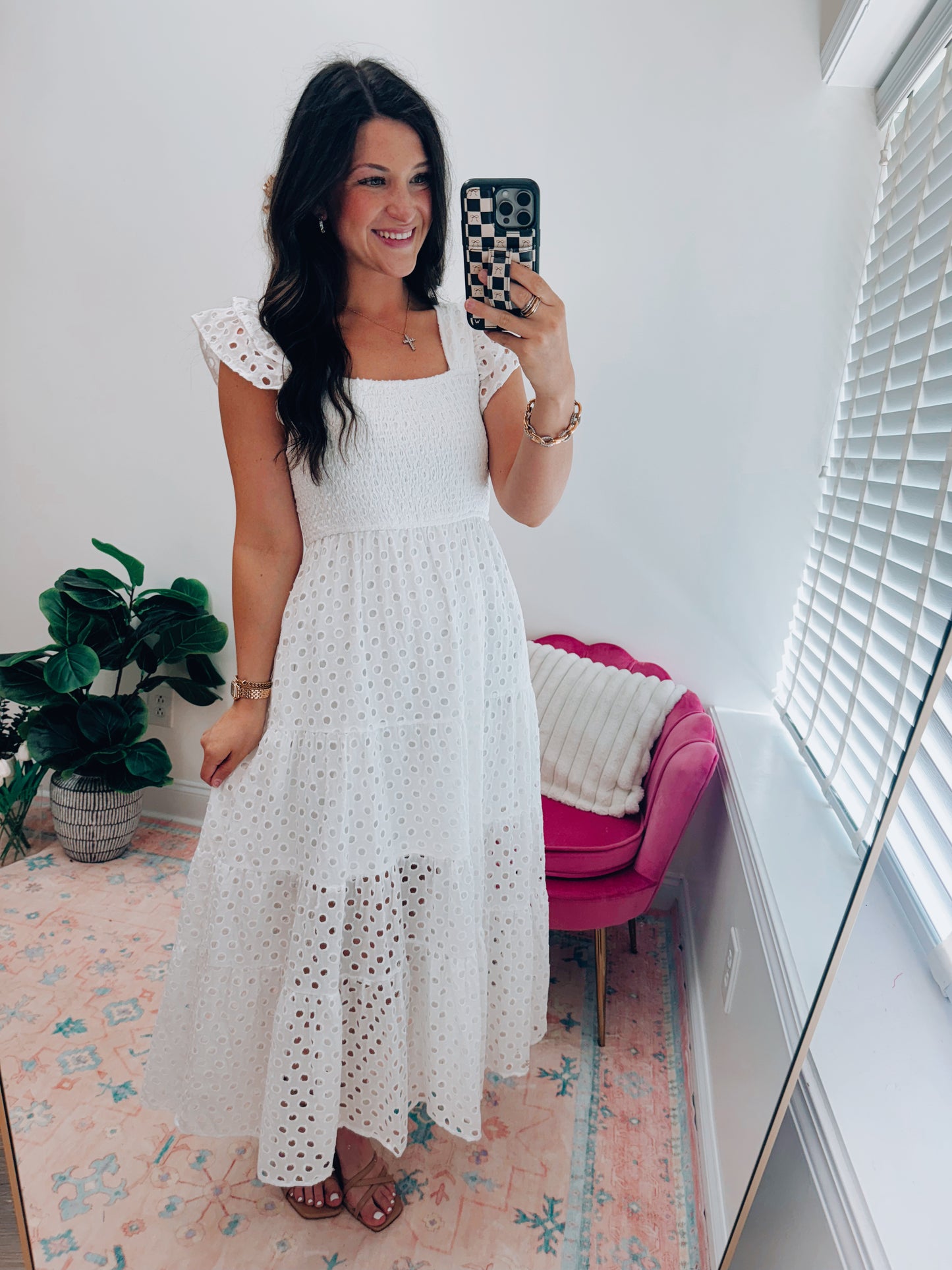 Harlow Eyelet Smocked Midi Dress
