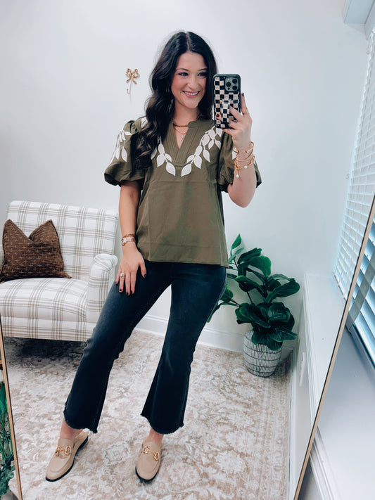 Jett Olive Embroidered Puff Sleeve Top