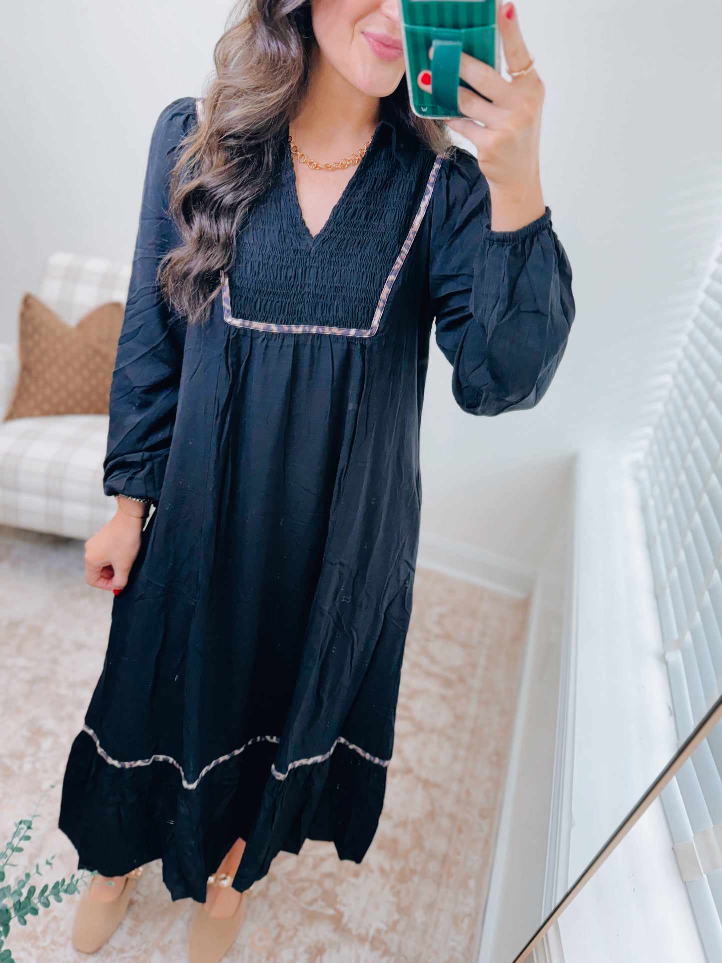 Black Smocked Leopard Trim Midi Dress