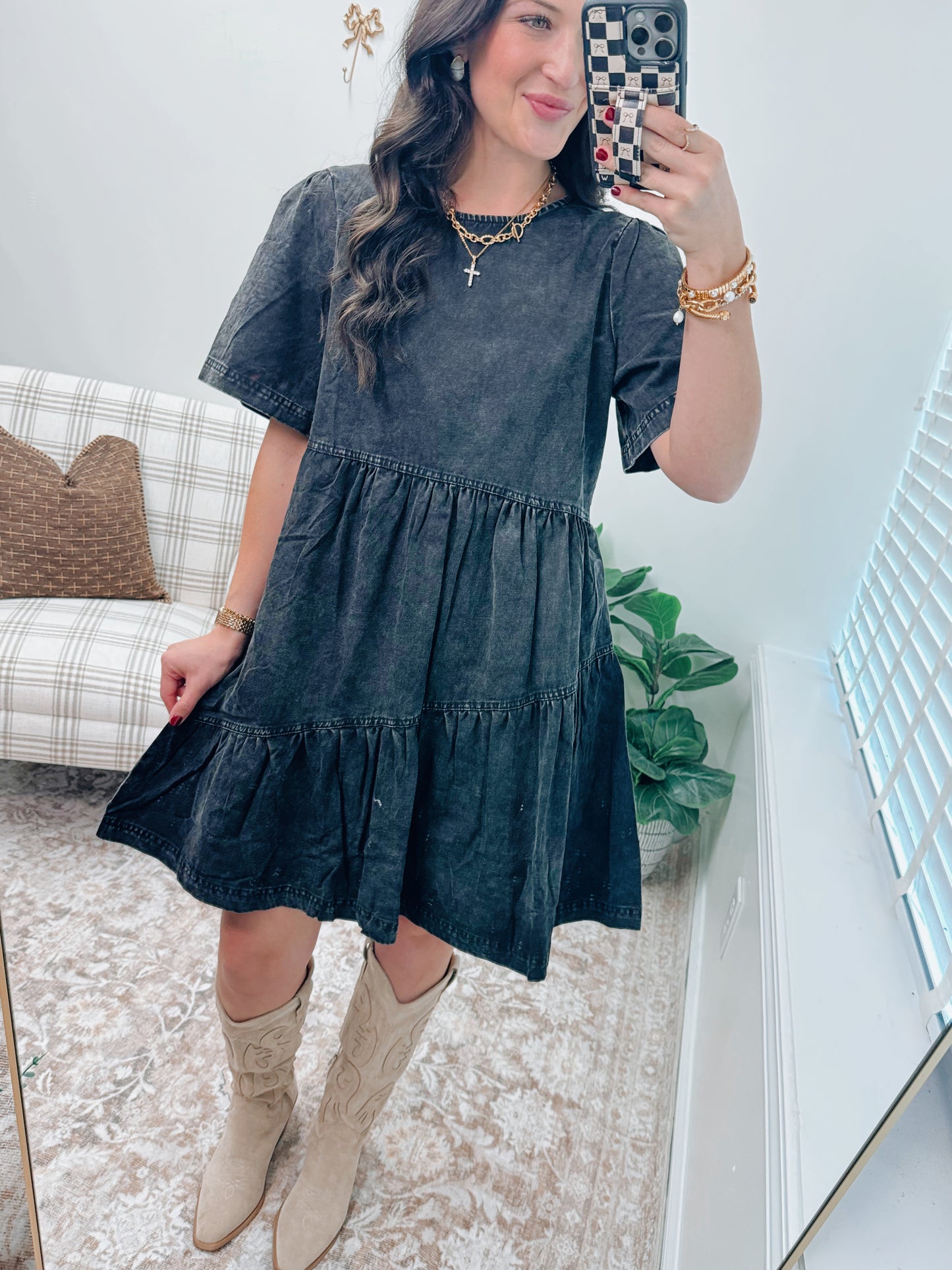 Dallas Mineral Wash Tiered Denim Dress