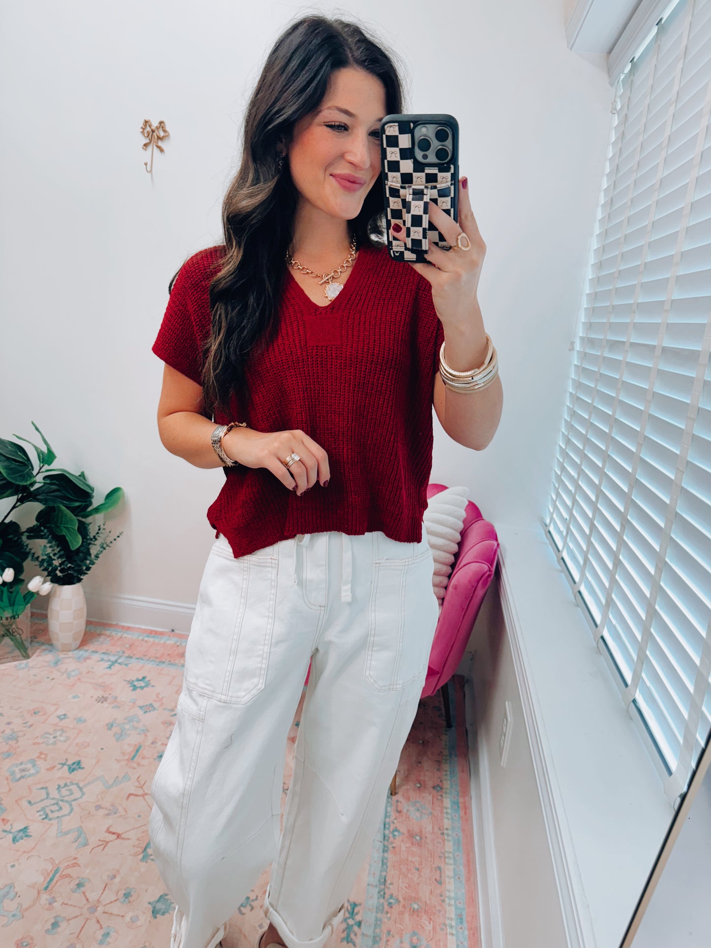 Split Neck Knit Top - Red