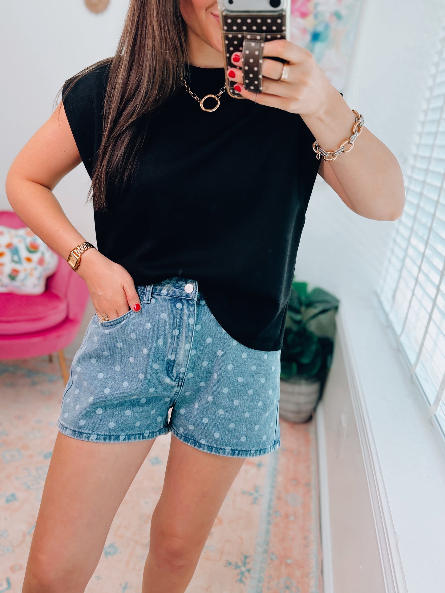 Polka Dot Denim Shorts