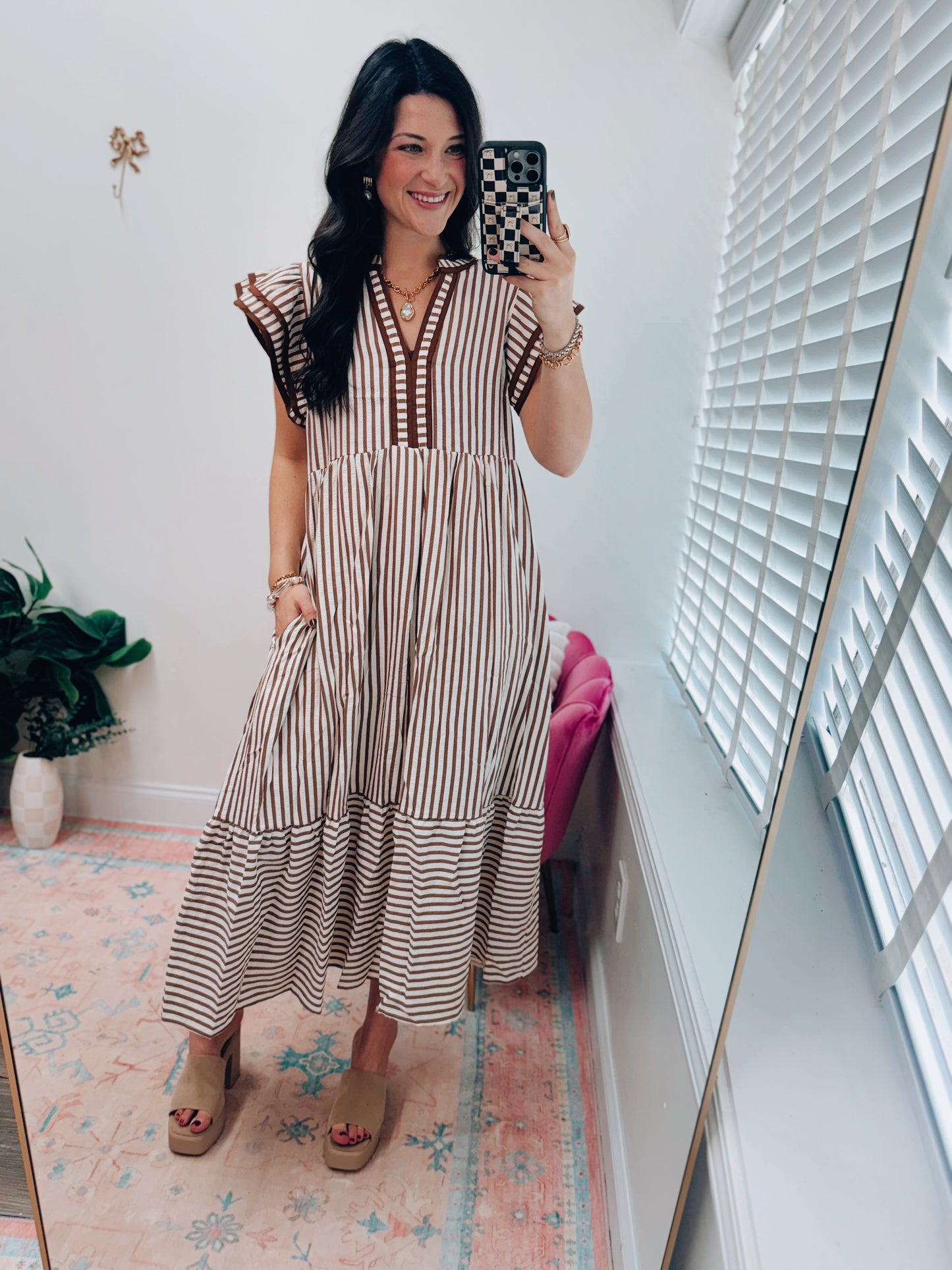 Sienna Striped Ruffle Midi Dress - Brown