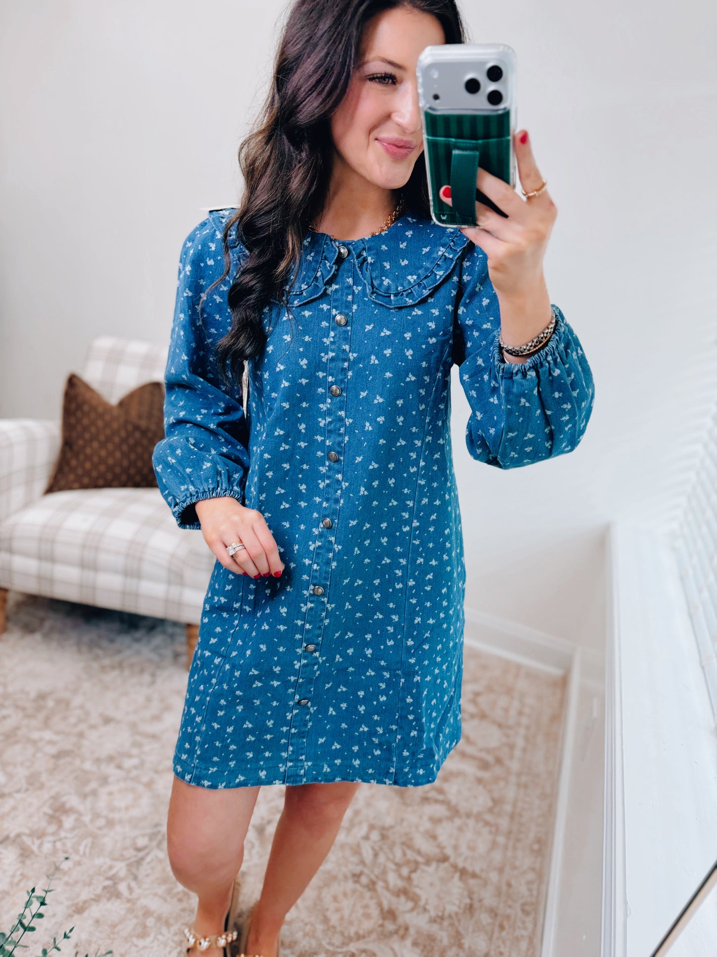 Ditsy Denim Scallop Mini Dress