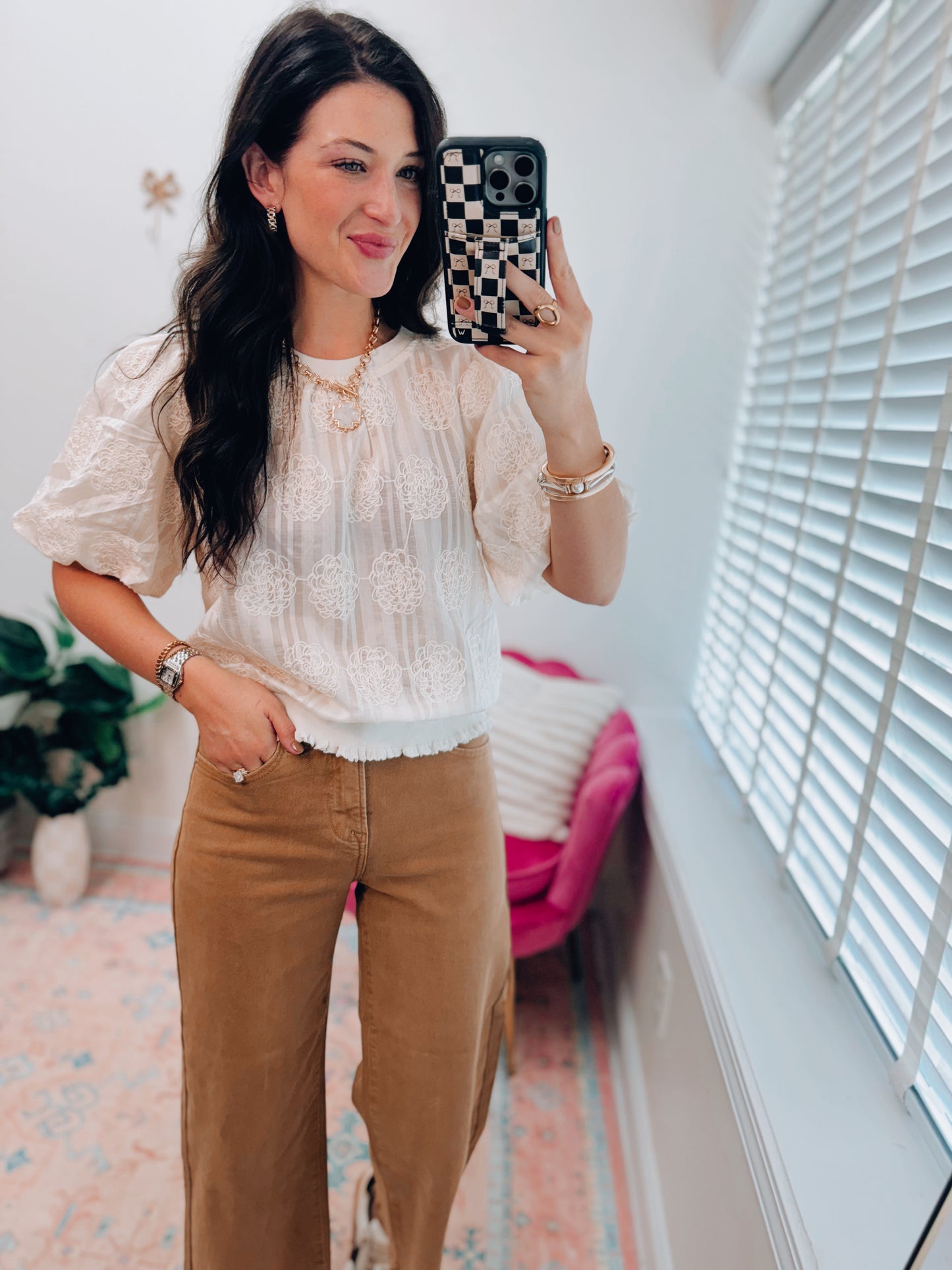 Floral Embroidered Taupe Sheer Top