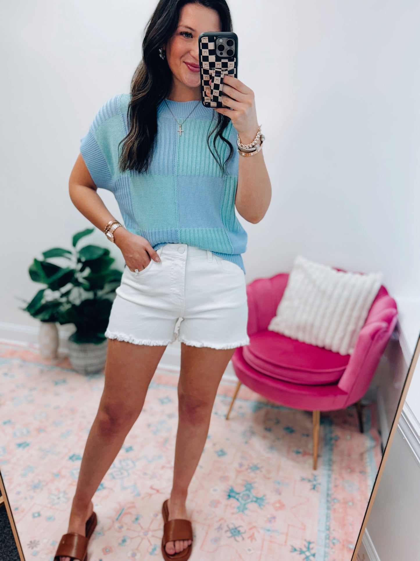 Blue Knit Color Block Top