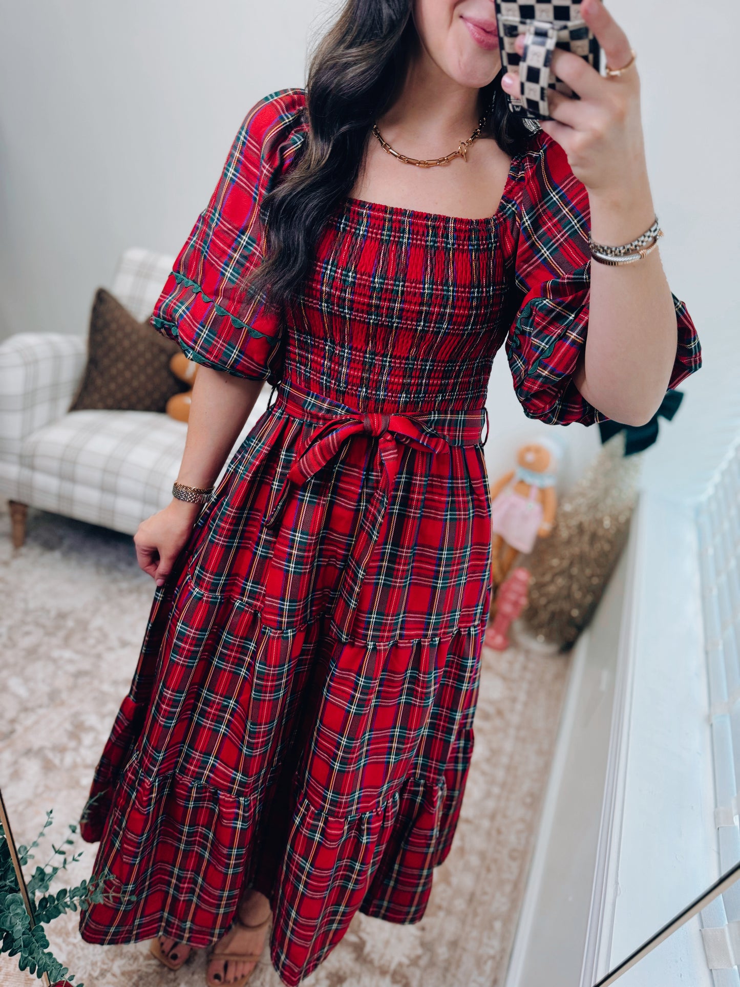 CURVY Smocked Plaid Tie Midi Dress - Red