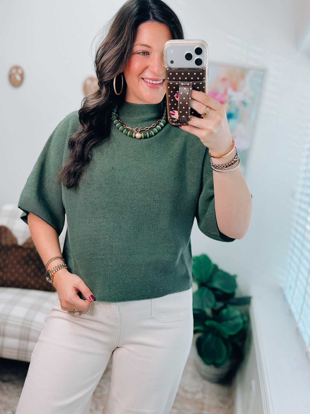 Tess Olive Ribbed Mock Top