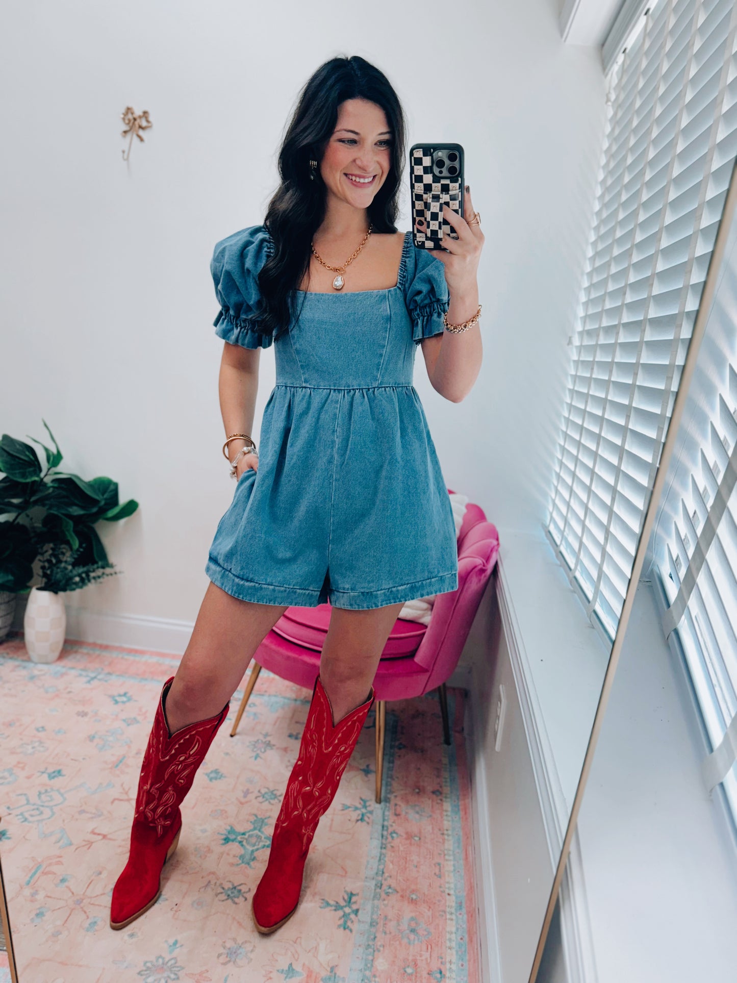 Denim Puff Sleeve Romper