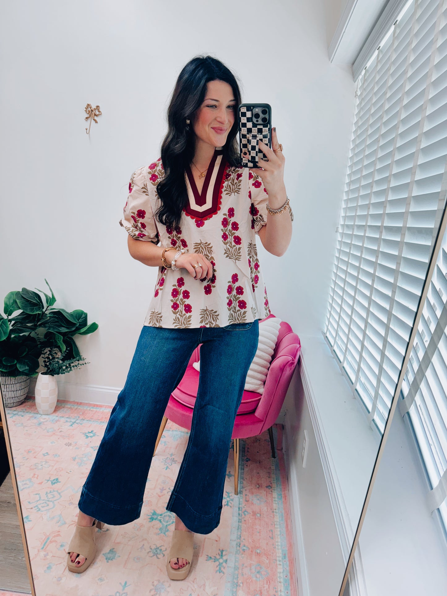 Ecru Floral Maroon Scallop Top