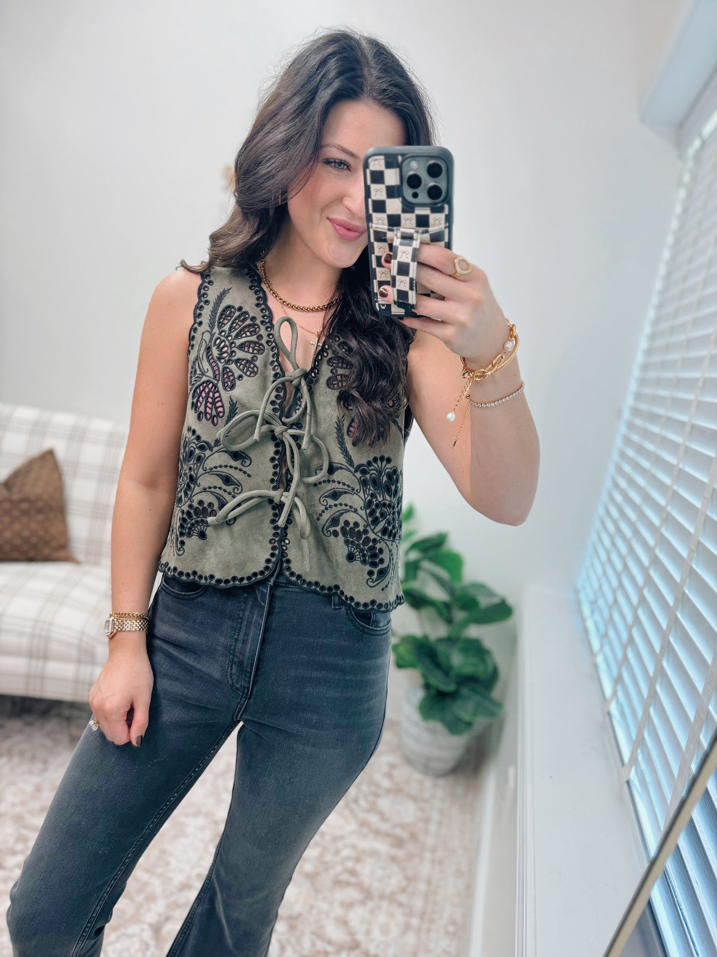 Olive Suede Crochet Suede Vest
