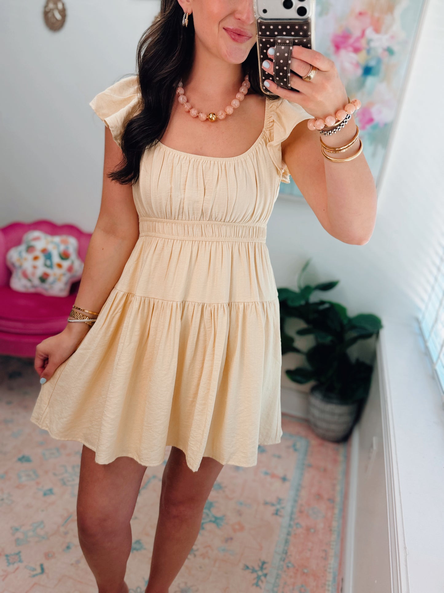 Shirred Flounce Butter Yellow Mini Dress