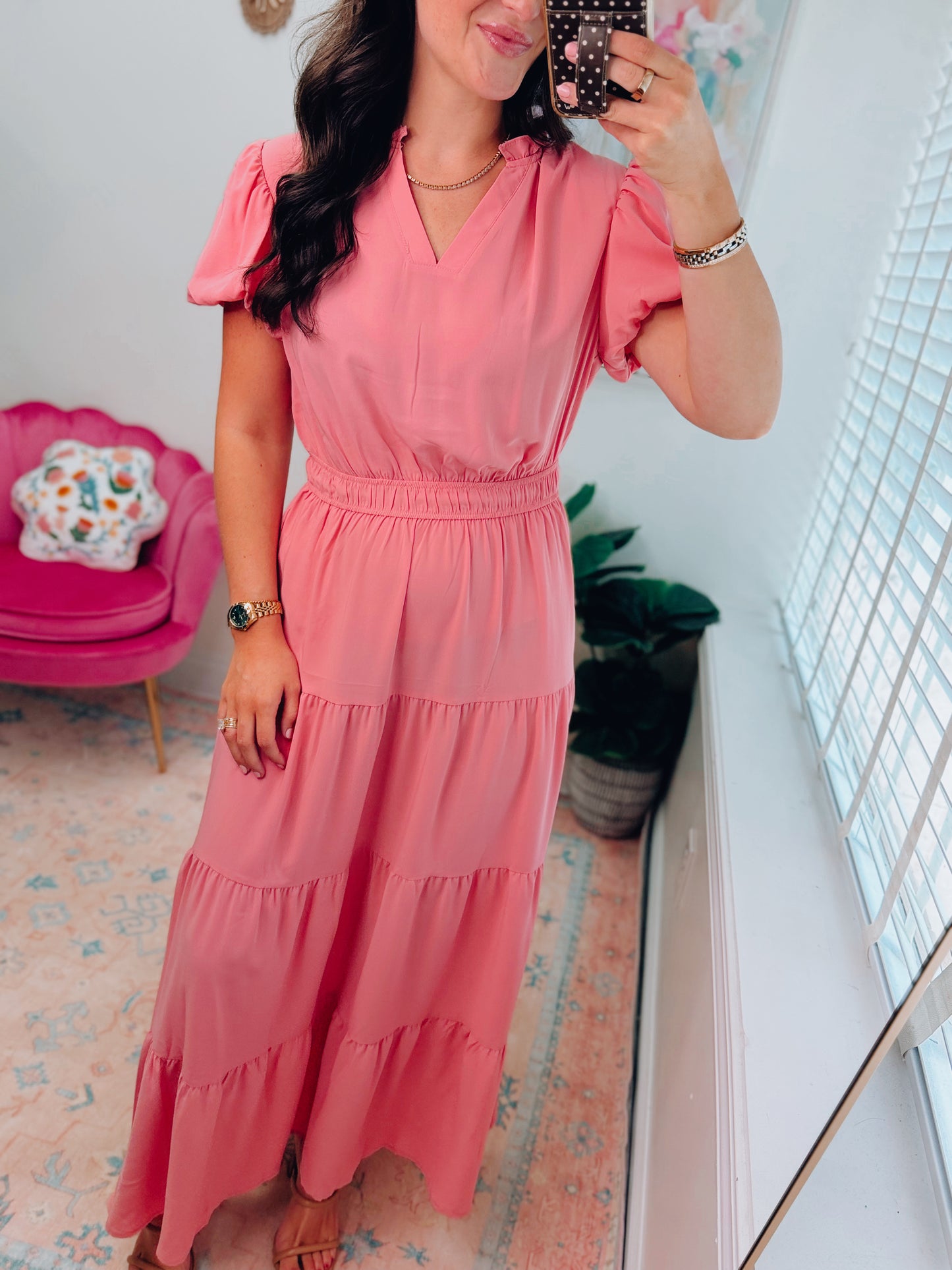Pink Smocked Tiered Maxi Dress