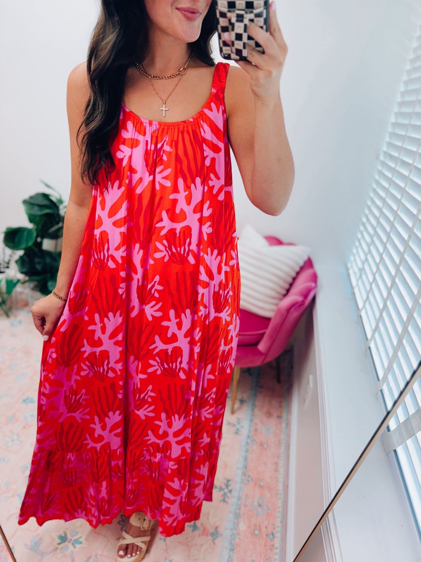 Tropical Coral Tiered Maxi Dress